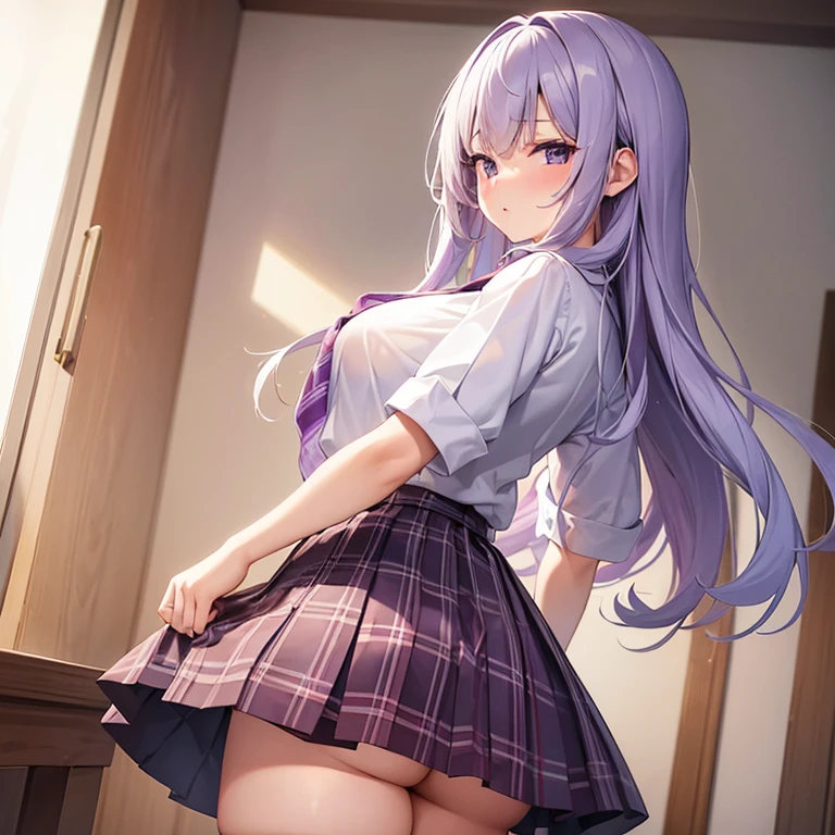 One girl, masterpiece, cute girl, looking back, white underwear, light purple hair, long hair, school uniform, white shirt, purple tartan check short skirt, white knee high socks, pussy juice, large breasts, detail, 4k, sexy, good pupil, 4k, detailed