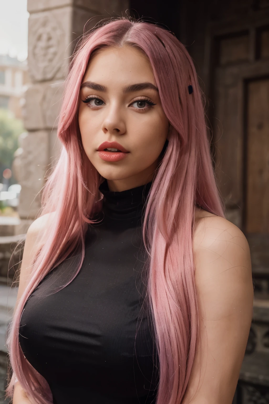 Mixed polish but more latina woman with long hair sticking out her tongue in a black dress, tongue out, long blonde hair and large eyes, duckface, a gorgeous , swedish woman, goddess ,saturated pink hair and large blueish eyes face, perfect girl, with long pink hair, instagram model, sexy girl with long purple hair, big lips, makeup, strong eyebrows, 23 years old, fit, only lip gloss, Thick red light red lips, madison beer, perfect girl, with soemthing interesing in her eyes, e girl, young , sharp face, not innocent face, strong pink purple hair , kittyxnacre maddie francesca type, she is in a lost aztec temple