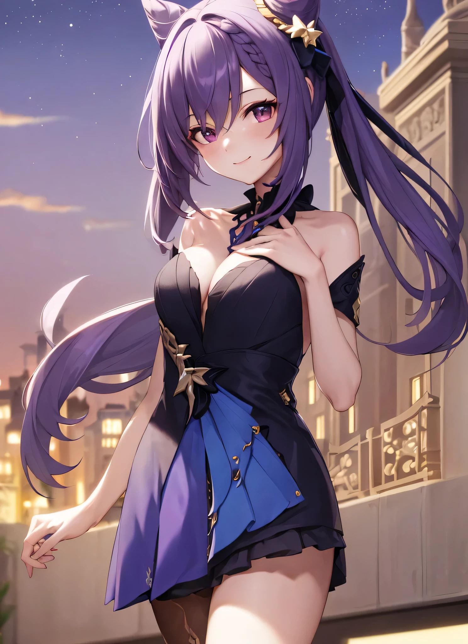 masterpiece, best quality, hyper-detailed, 8k resolution, RAW photo, gorgeous face, perfect body, 18yo, Neck turtle, happy, purple hair, smile, night, kissed face, stars on the sky, wearing opulent splendor, near to camera, staring to camera