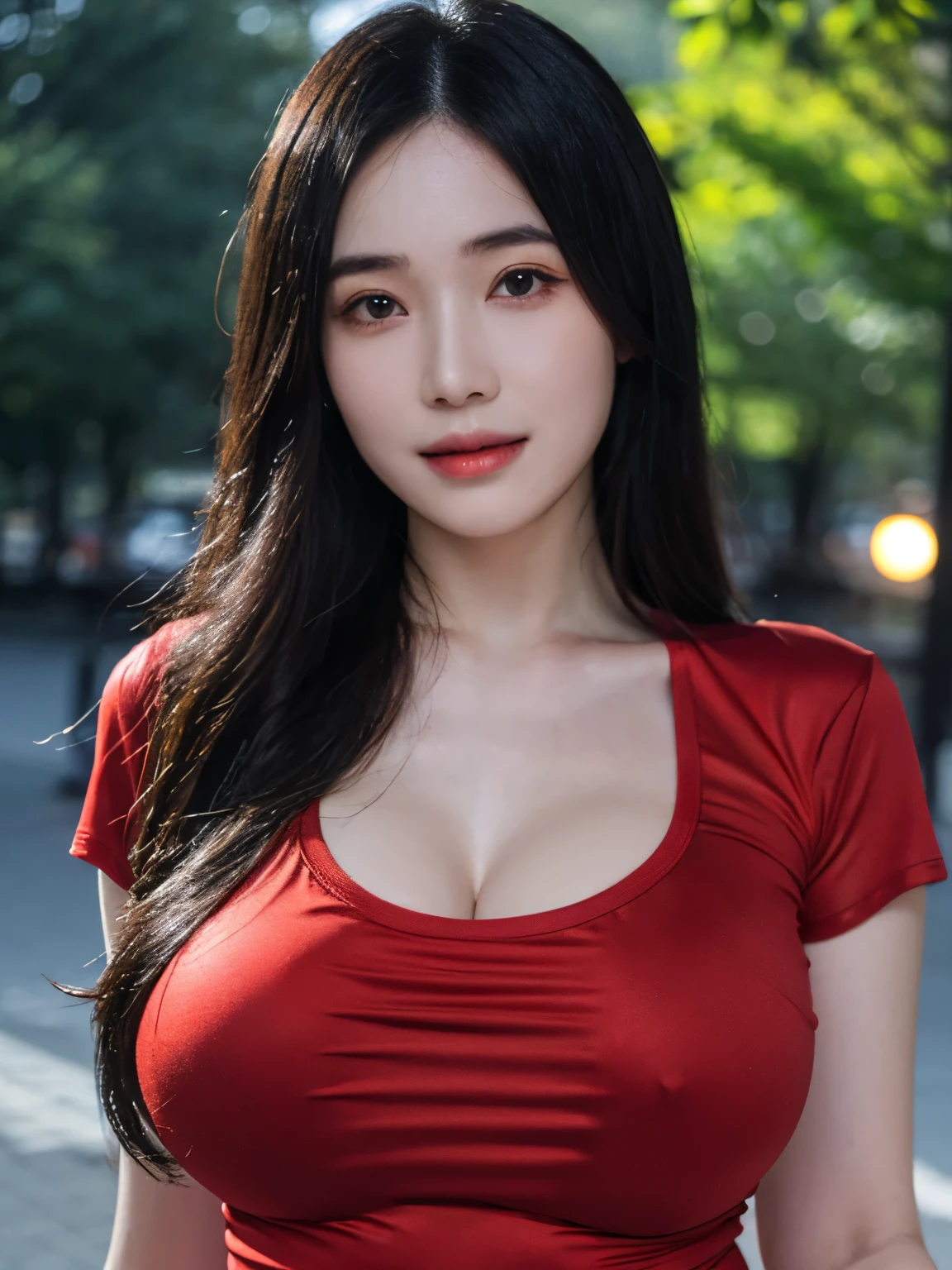 1girl, masterpiece, (extremely intricate:1.2), woman, ultra detailed, finely detailed face, extremely detailed face, pale skin, black_hair, sexy, curvy hair, black medium hair, large breast, high quality, best quality, realistic, ultra realistic, photorealistic, beautiful delicate eyes, highest quality, highres, Raw Photo, 8k, detailed eyes, highest resolution, (exquisitely detailed skin), light smile, curvy, calm lighting, perfectly drawn eyes, ((deep dark, night, dark theme:1.1)), depth of field,(((in a park, standing, red sexy tshirt, large breasts, cleavage))), realistic breasts, lusty smile, 