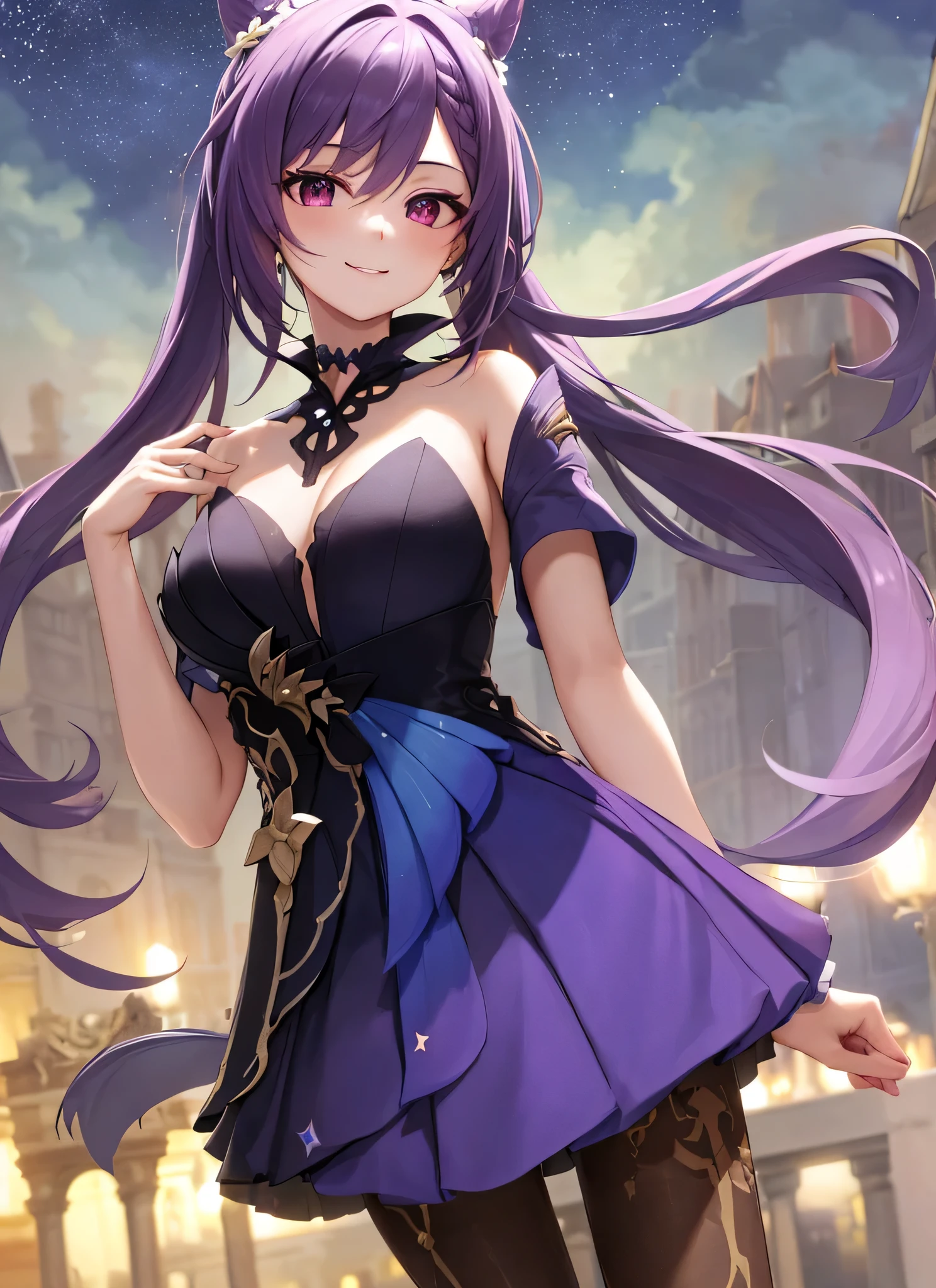 masterpiece, best quality, hyper-detailed, 8k resolution, RAW photo, gorgeous face, perfect body, 18yo, Neck turtle, happy, purple hair, smile, night, kissed face, stars on the sky, wearing opulent splendor, near to camera, staring to camera