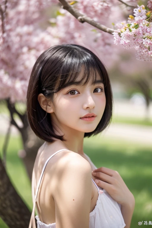 1 girl、Upper body、mischievous look、Real like a photo、Very short black hair、under the cherry tree、Camisole and hot pants、cat-eyed beautiful girl、18-year-old、healthy dark skin