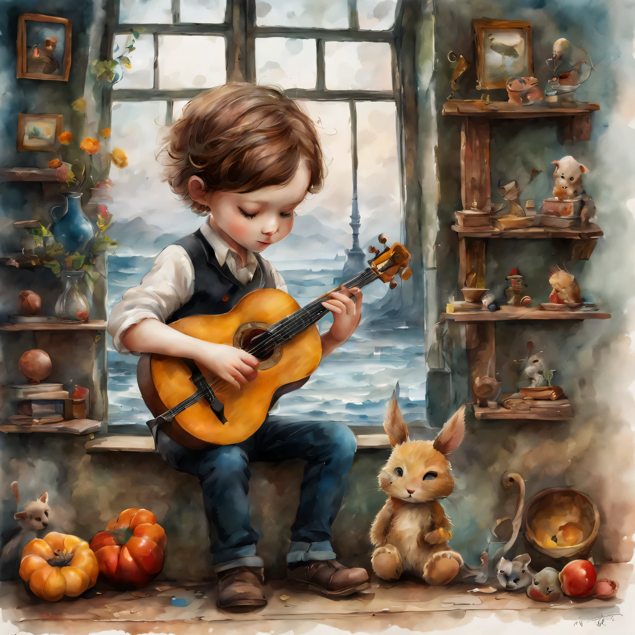 picture book illustrations,cuteのに不気味なwatercolor painting,playing instrument,artistically expressed, stylish alexander jansson, amazingly beautiful work, Landscape characters and elements fit perfectly within the image frame, Detailed realization, Definition High Quality, expressive face,,masterpiece,cute,rich colors,fantasy,watercolor painting,draw a line with a pencil,structurally correct,anatomically correct,Art by Moon Cryptowah