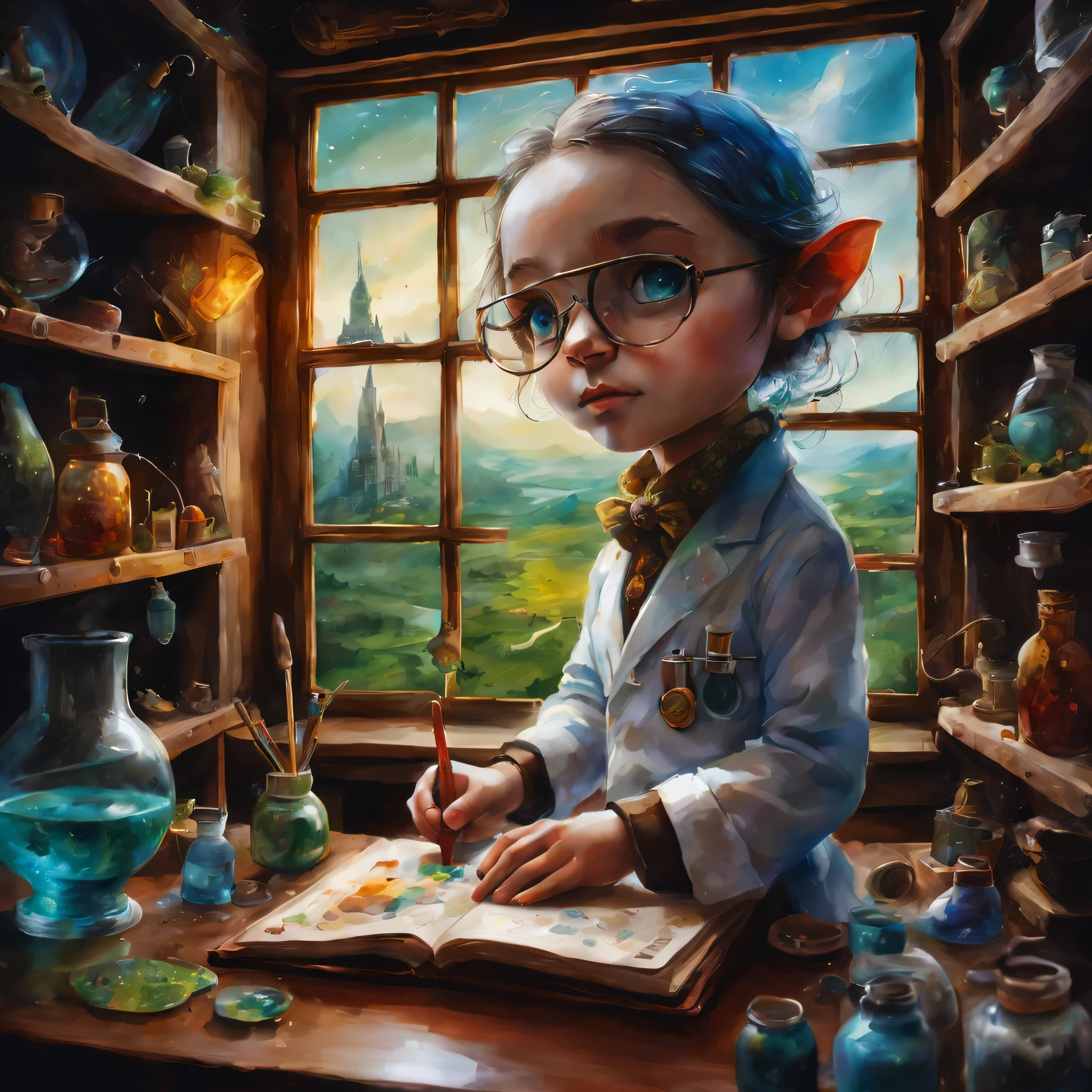 picture book illustrations,cuteのに不気味なwatercolor painting,scientist doing an experiment,artistically expressed, stylish alexander jansson, amazingly beautiful work, Landscape characters and elements fit perfectly within the image frame, Detailed realization, Definition High Quality, expressive face,,masterpiece,cute,rich colors,fantasy,watercolor painting,draw a line with a pencil,structurally correct,anatomically correct,Art by Moon Cryptowah