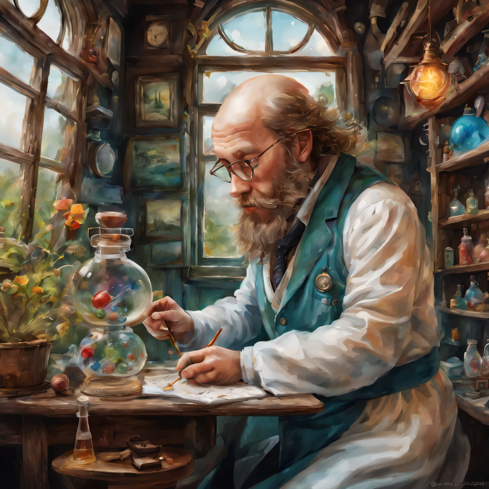 picture book illustrations,cuteのに不気味なwatercolor painting,scientist doing an experiment,artistically expressed, stylish alexander jansson, amazingly beautiful work, Landscape characters and elements fit perfectly within the image frame, Detailed realization, Definition High Quality, expressive face,,masterpiece,cute,rich colors,fantasy,watercolor painting,draw a line with a pencil,structurally correct,anatomically correct,Art by Moon Cryptowah