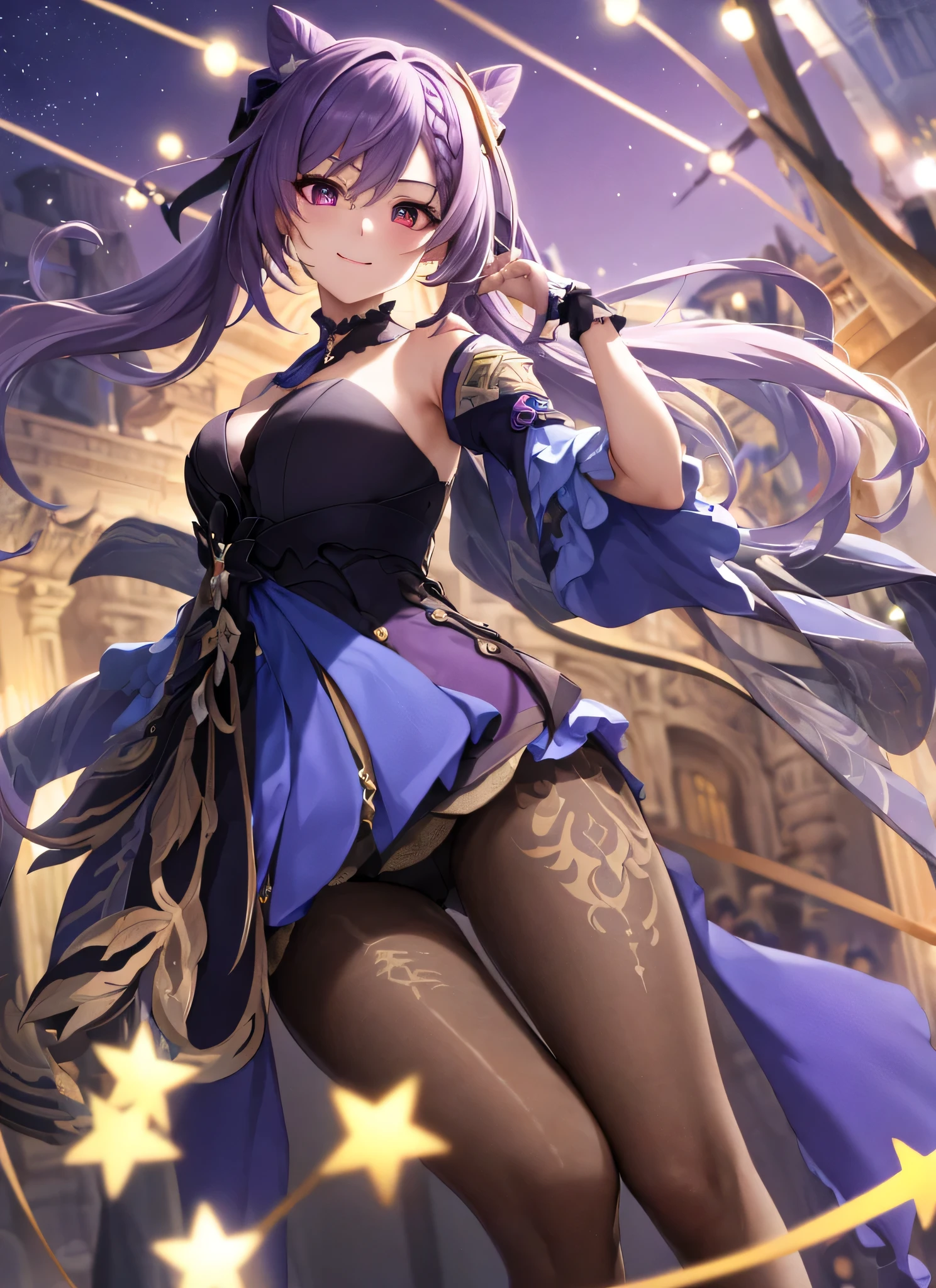 masterpiece, best quality, hyper-detailed, 8k resolution, RAW photo, gorgeous face, perfect body, 18yo, Neck turtle, happy, purple hair, smile, night, kissed face, stars on the sky, wearing opulent splendor, near to camera, staring to camera