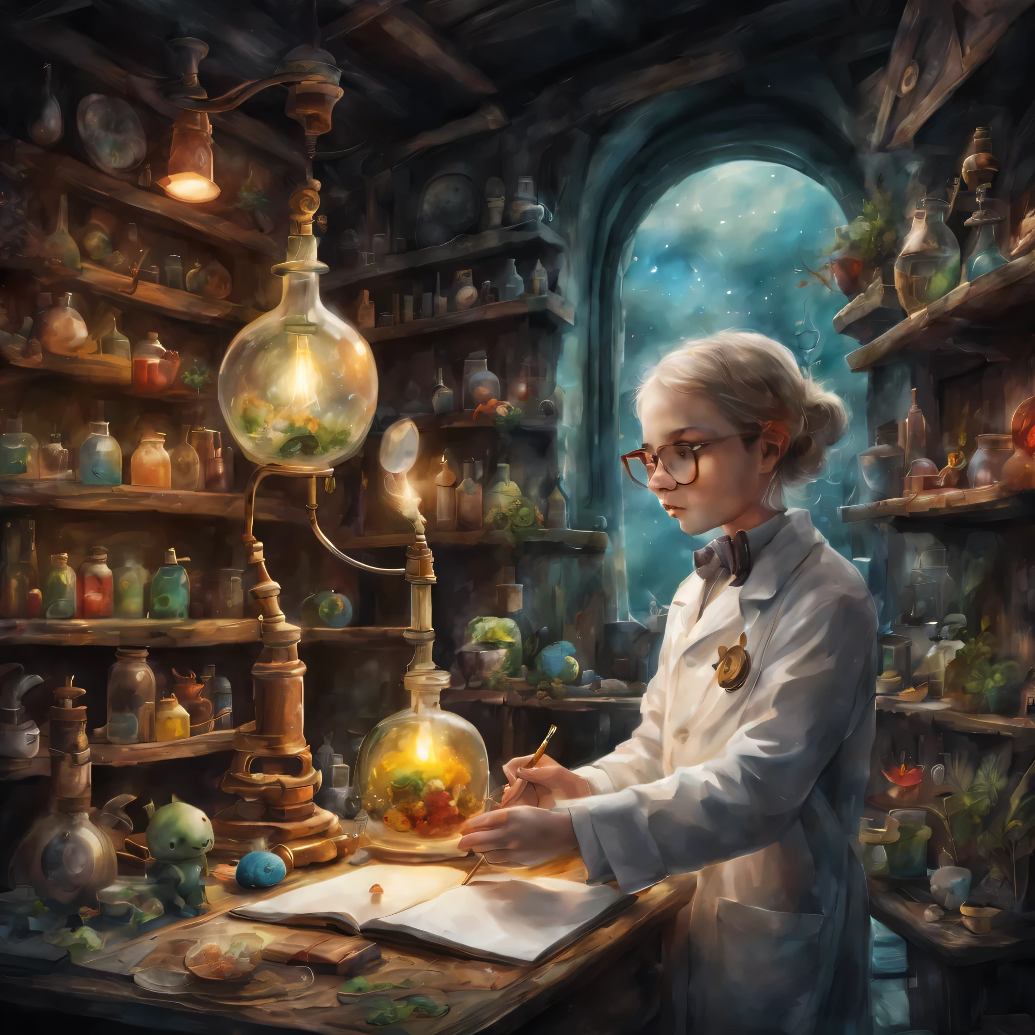 picture book illustrations,cuteのに不気味なwatercolor painting,scientist doing an experiment,artistically expressed, stylish alexander jansson, amazingly beautiful work, Landscape characters and elements fit perfectly within the image frame, Detailed realization, Definition High Quality, expressive face,,masterpiece,cute,rich colors,fantasy,watercolor painting,draw a line with a pencil,structurally correct,anatomically correct,Art by Moon Cryptowah