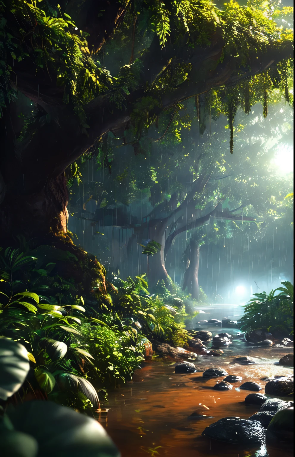 A jungle, with intense rainfall, monochromatic, vines all around, giant and wet trees, masterpiece, best quality, high quality, extremely detailed CG unity 8k wallpaper, oil paiting, award winning photography, Bokeh, Depth of Field, HDR, bloom, Chromatic Aberration ,Photorealistic,extremely detailed, trending on artstation, trending on CGsociety, Intricate, High Detail, dramatic, art by midjourney, volumetric lighting