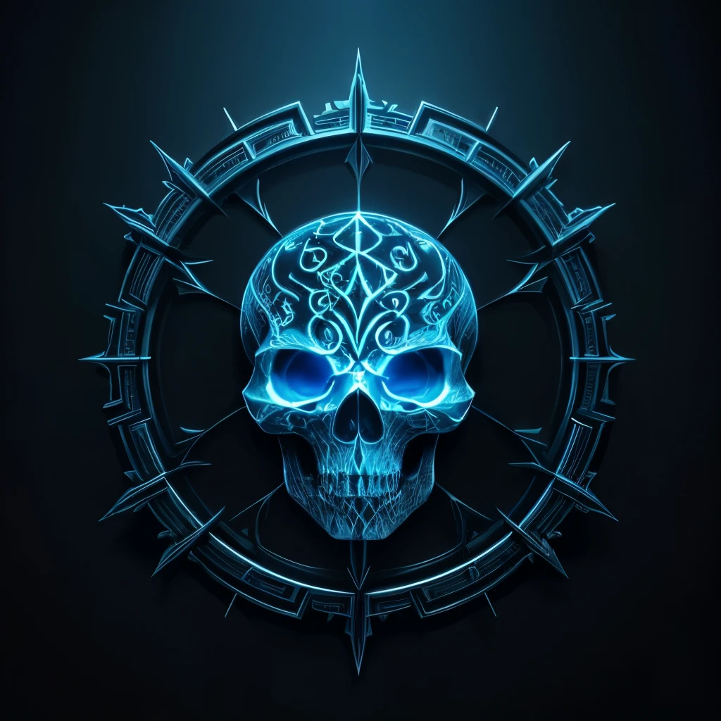 A hauntingly beautiful logo design featuring the word "X" intricately carved into the surface of a blue skull, surrounded by ethereal tribal shapes and patterns. The ghostly apparition emanates an edge glow and is illuminated by edge light, adding to its mystical allure. The design is executed in an ultra-realistic, extreme close-up style with poster effect, creating a vivid and striking visual. This captivating design would look best against a dark background, with a depth ultra-fine film effect, evoking a sense of otherworldliness. Utilizing 3ds Max or Corona Render for creation and V-Ray for rendering, this logo showcases the pinn