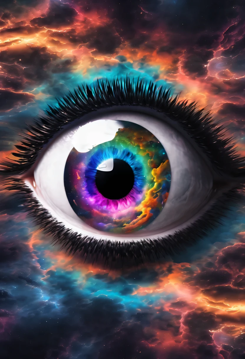 (alone) Incredibly spectacular clouds,A huge eye,mystery巨眼的肖像, cosmic eye, The Eye of God, mystery之眼, eyelash,eyeball,round eyes,Emergency scene in a cosmic cloud, Fractal Nebula Chain, cosmic, Skyline, cosmic, A vibrant and vivid entity, rotate, spinning, illusory, high contrast, symbolism, magic, mystery, mystery, Surrealism, Supersaturation, colorful, 8k