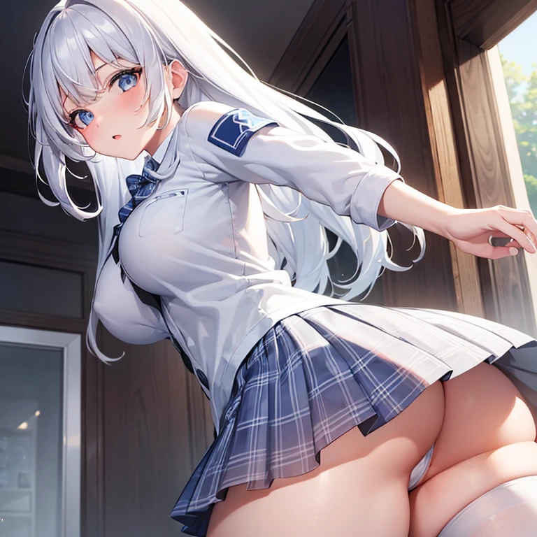 One girl, masterpiece, cute girl, looking back, white underwear, from below, white hair, long hair, school uniform, white shirt, blue tartan check short skirt, white knee high socks, pussy juice, large breasts, detail, 4k, sexy, good pupil, 4k, detailed