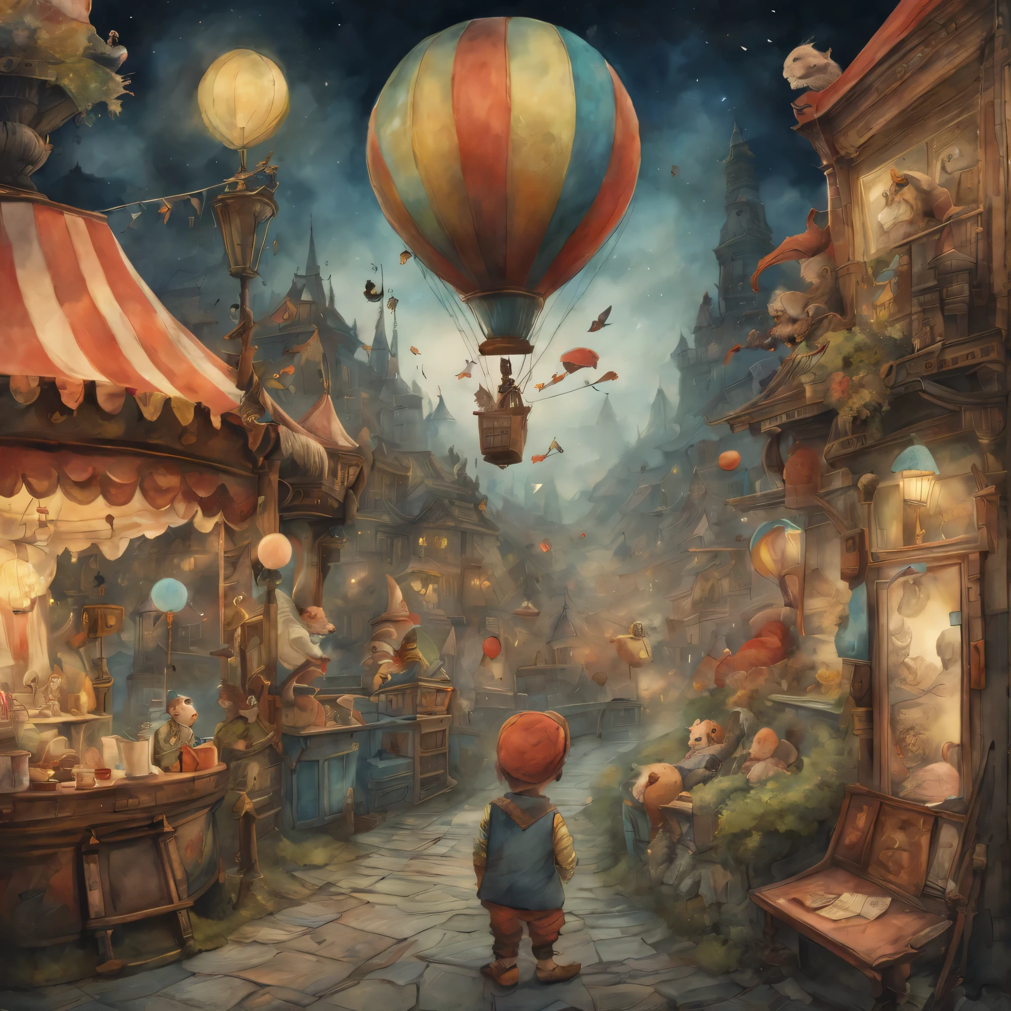 picture book illustrations,cuteのに不気味なwatercolor painting,circus scenery, artistically expressed, stylish alexander jansson, amazingly beautiful work, Landscape characters and elements fit perfectly within the image frame, Detailed realization, Definition High Quality, expressive face, clear eyes,masterpiece,cute,rich colors,fantasy,watercolor painting,draw a line with a pencil,structurally correct,anatomically correct,Art by Moon Cryptowah,randolph caldecott style