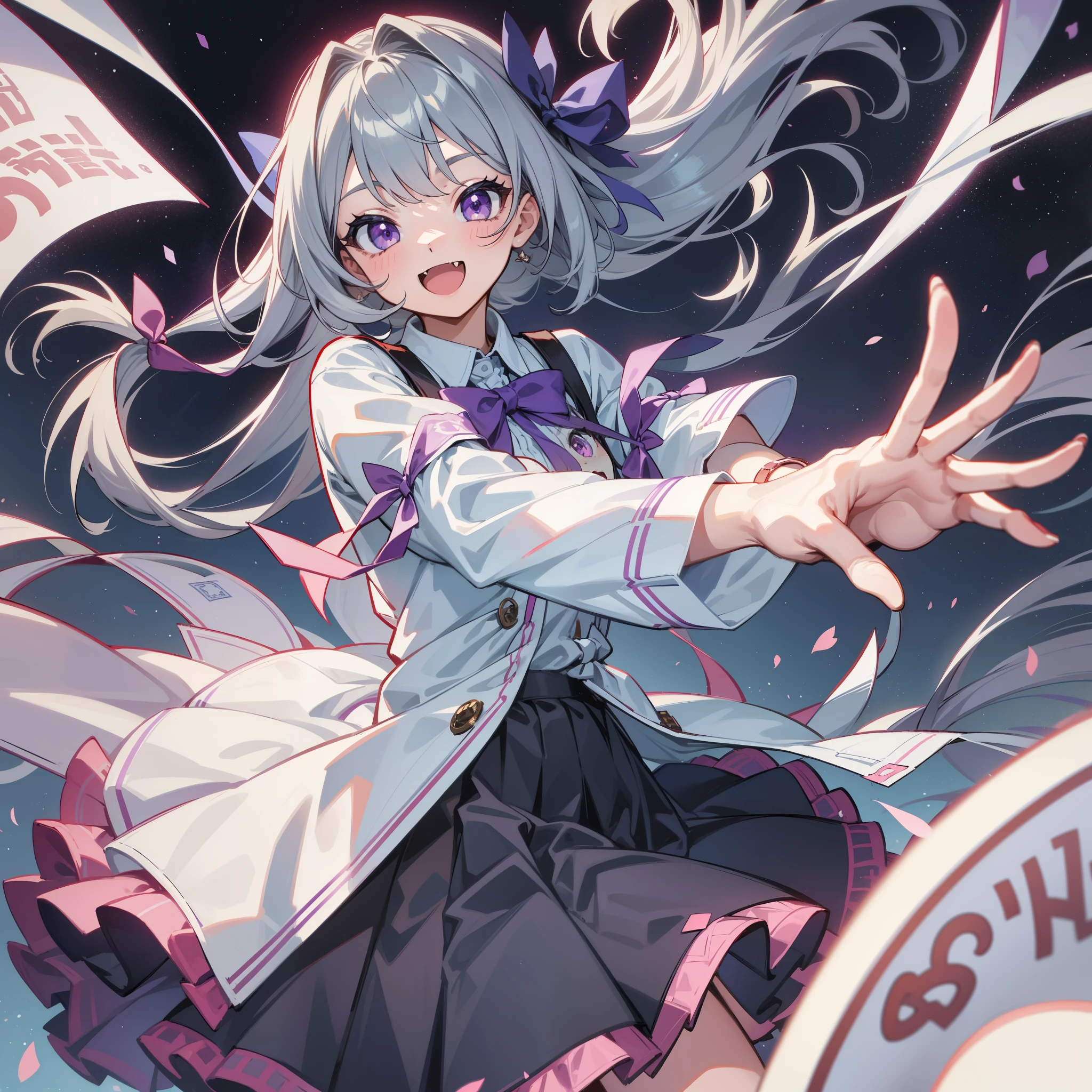 {{{masterpiece}}}, {{{best quality}}}, 1girl, rating:safe, solo, long_hair, purple_eyes, smile, open_mouth, fang, ribbon, hair_ribbon, bow, :d, very_long_hair, skirt