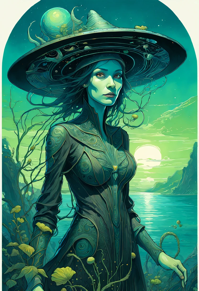 Images of a fascinated witch encountering alien life forms, Illumination of bioluminescent plants, The content is very detailed, Surrealism, 10k high resolution, Gouache style, scribble art, Glaslorne, Influenced by Art Nouveau, Given, and future, The Art of Lunar Encryption Wow,