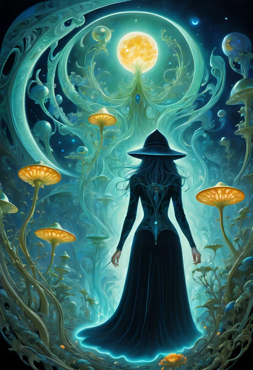 Images of a fascinated witch encountering alien life forms, Illumination of bioluminescent plants, The content is very detailed, Surrealism, 10k high resolution, Gouache style, scribble art, Glaslorne, Influenced by Art Nouveau, Given, and future, The Art of Lunar Encryption Wow,