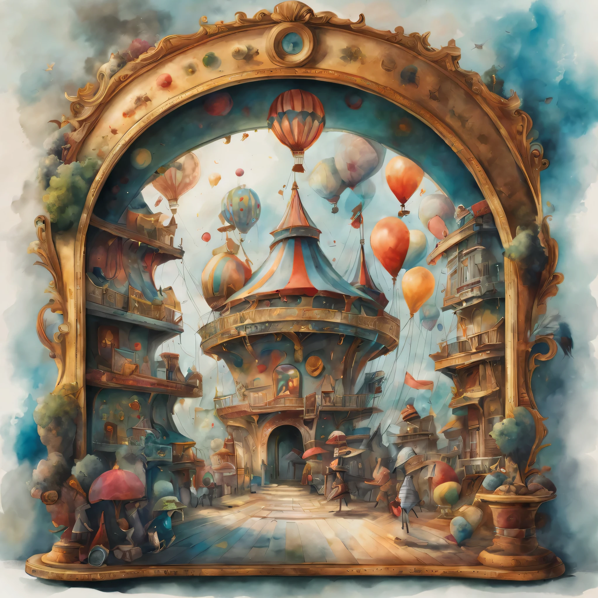 picture book illustrations,cuteのに不気味なwatercolor painting,circus scenery, artistically expressed, stylish alexander jansson, amazingly beautiful work, Landscape characters and elements fit perfectly within the image frame, Detailed realization, Definition High Quality, expressive face, clear eyes,masterpiece,cute,rich colors,fantasy,watercolor painting,draw a line with a pencil,structurally correct,anatomically correct,Art by Moon Cryptowah