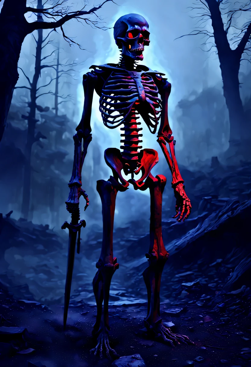(best quality,4K,8k,high resolution,masterpiece:1.2),super detailed,Fear,dark,Spooky like,darkness,crawl,burnt bones,intense,ominous,bloody,memorable,threaten,Chills down the spine,Battle-hardened skeleton,Disturbing,Ghastly,ominous预感,skulls,red eyes,scary,scary,Graves,ghost,Deadly,undead soldier,frightened victim,The bones are broken,decay,Resilient,shadow,doomed soul,lost hope,broken weapon,soot,There's a rumble in the distance,ravaged by war,immortal warrior,nightmarish,despair,ominous atmosphere,mysterious aura,desolate landscape,final battle color,eternal darkness,moonlight sky,ominous clouds,March of the Skeleton Warriors,Chills down the spine的艺术渲染,spectacular scene bathed in moonlight and shadow,Chills down the spine的现实诠释,This will send shivers down your spine,Chills down the spine的描述引发了一种厄运即将来临的感觉,An memorable nightmare becomes reality.