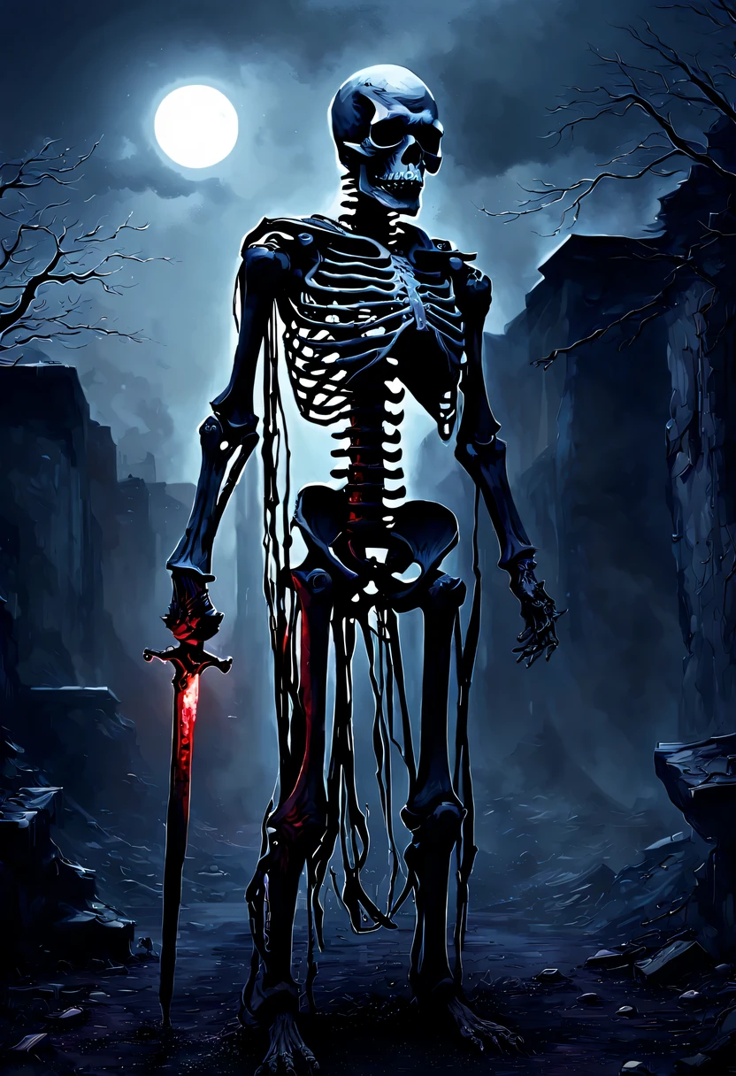 (best quality,4K,8k,high resolution,masterpiece:1.2),super detailed,Fear,dark,Spooky like,darkness,crawl,burnt bones,intense,ominous,bloody,memorable,threaten,Chills down the spine,Battle-hardened skeleton,Disturbing,Ghastly,ominous预感,skulls,red eyes,scary,scary,Graves,ghost,Deadly,undead soldier,frightened victim,The bones are broken,decay,Resilient,shadow,doomed soul,lost hope,broken weapon,soot,There's a rumble in the distance,ravaged by war,immortal warrior,nightmarish,despair,ominous atmosphere,mysterious aura,desolate landscape,final battle color,eternal darkness,moonlight sky,ominous clouds,March of the Skeleton Warriors,Chills down the spine的艺术渲染,spectacular scene bathed in moonlight and shadow,Chills down the spine的现实诠释,This will send shivers down your spine,Chills down the spine的描述引发了一种厄运即将来临的感觉,An memorable nightmare becomes reality.