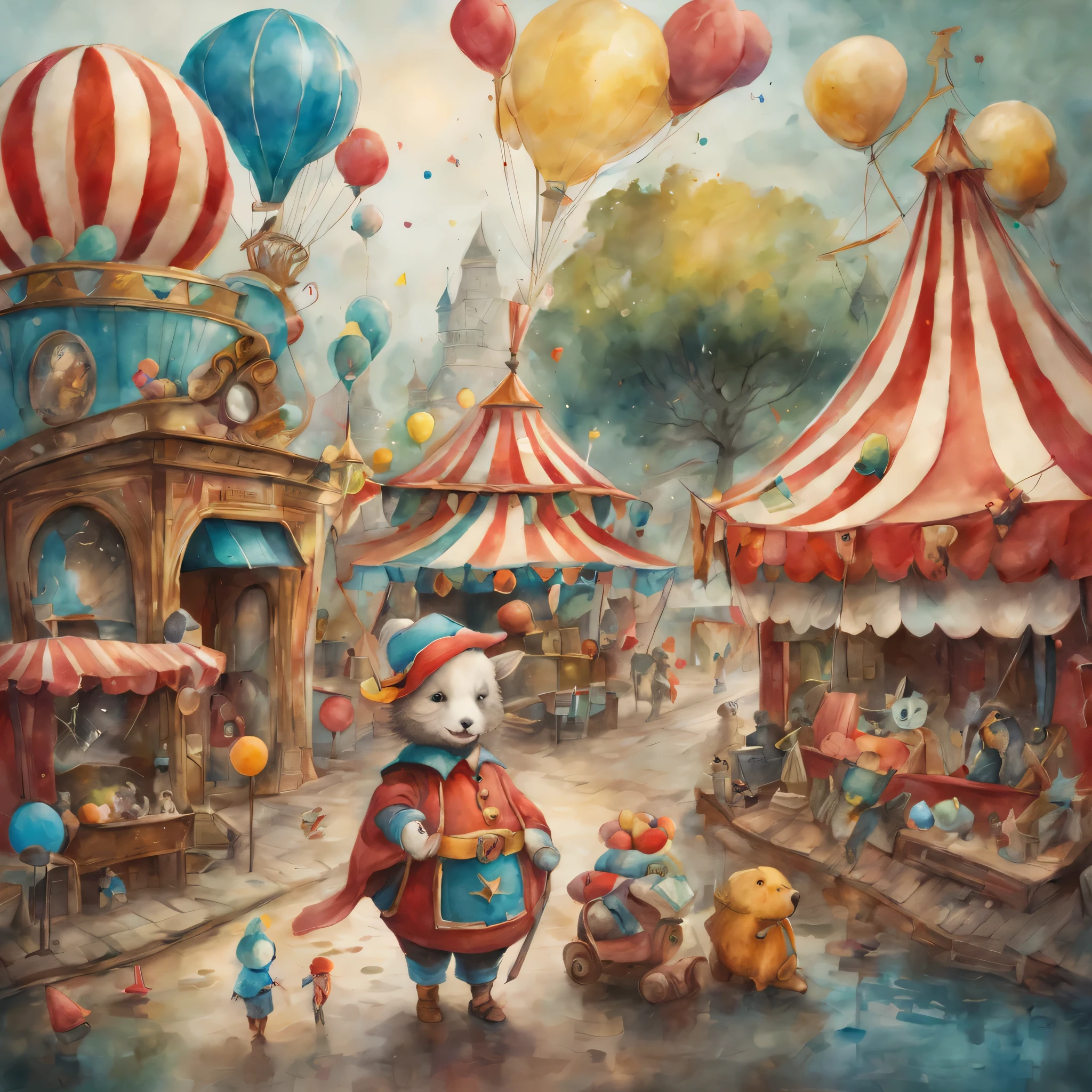 picture book illustrations,cuteのに不気味なwatercolor painting,circus scenery, artistically expressed, stylish alexander jansson, amazingly beautiful work, Landscape characters and elements fit perfectly within the image frame, Detailed realization, Definition High Quality, expressive face, clear eyes,masterpiece,cute,rich colors,fantasy,watercolor painting,draw a line with a pencil,structurally correct,anatomically correct,Art by Moon Cryptowah