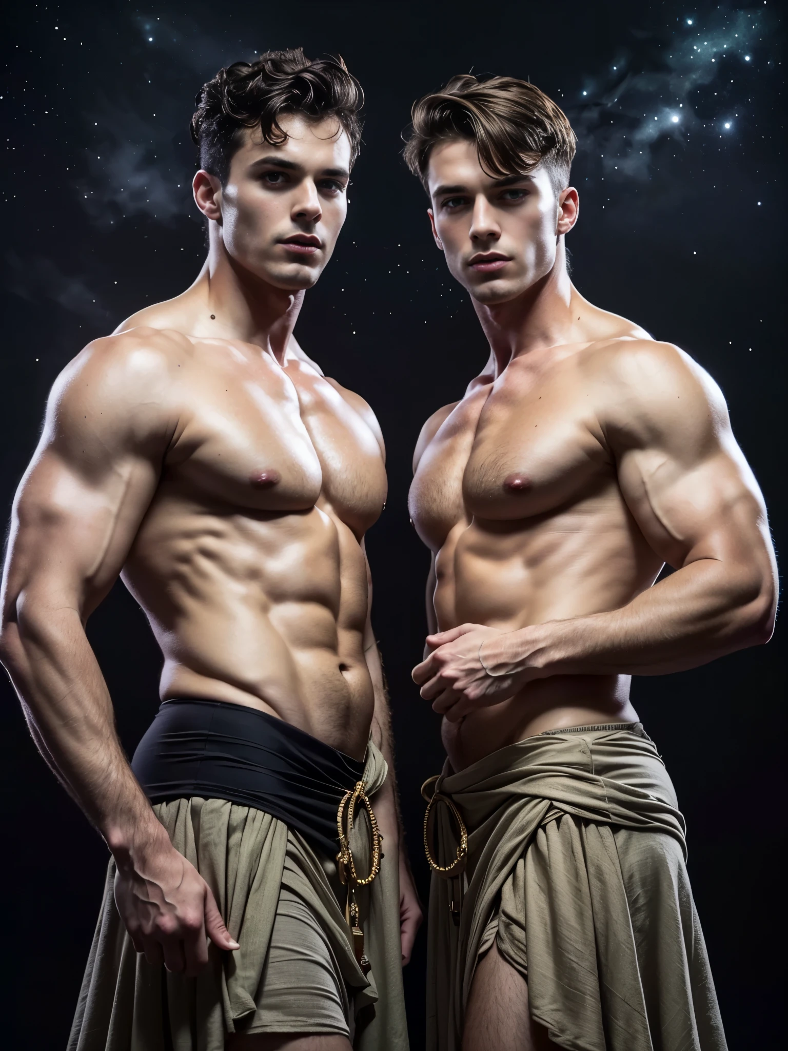 Photorealistic, twins, ((best quality)), ((masterpiece)), (detailed),masculine portrait of geminis, personificatioin of GEMINIS, (idenitcal twins:1.45), alike twins, looking exactly the same twins, (clone twins:1.5), clones, 18-year-old male twins models, handsome, tall, cute looking twins, evil look, dark look, powerful, 2 young identical male twins, handsome models, super strong, muscular, fit, massive muscles, six pack, clean shave, green eyes. (short curly messy brown hair:1.2), messy curly hair, shirtless, barechested, muscule, ripped, strong body, fit body, brothers,ancient linen Greek small skirt, linen antique draped cloth skirt, highlands scotland, green fields, (Dark background:1.6) constellations, Mercury, galaxies, 8k, high detailed, ultra-detailed, Stylish Pose, real skin texture, dark cinematic lighting, ancient outerspace, constellation, galaxies, stars in the background
