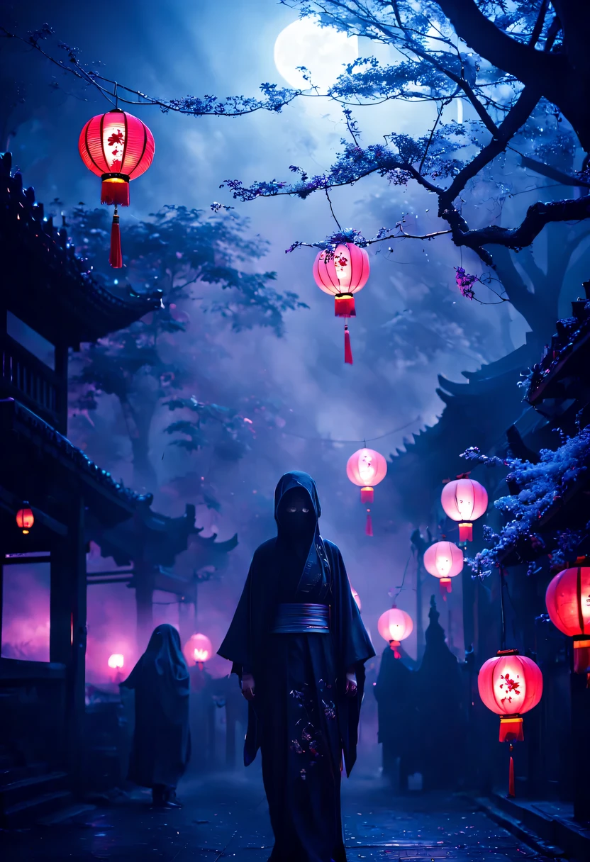 Chinese Ghost Festival,nakahara universe,ghostly aura,Night street chiaroscuro,Detailed depiction of eerie tree branch textures,Transparent ghosts float in the smoke,Lanterns hanging from trees,There are flowers on it, shaded lighting,background bokeh,depth of field,soft light,aesthetic lighting, dim lights,peaceful yet scary atmosphere,Mysterious and dark,Detailed lighting effects,Soft color transitions,Strange place,it's foggy, Space-time misalignment,reincarnation flip。 turn things upside down,There is no light from the sun or the moon, confusing and ridiculous,nightmare again and again。 Mysterious and unreal,phantom, gothic shadow,shrouded in all directions。 cyberpunk, the dark forest,heterogeneous space, Hidden countless unknown secrets,Forgotten souls wandering in the night。