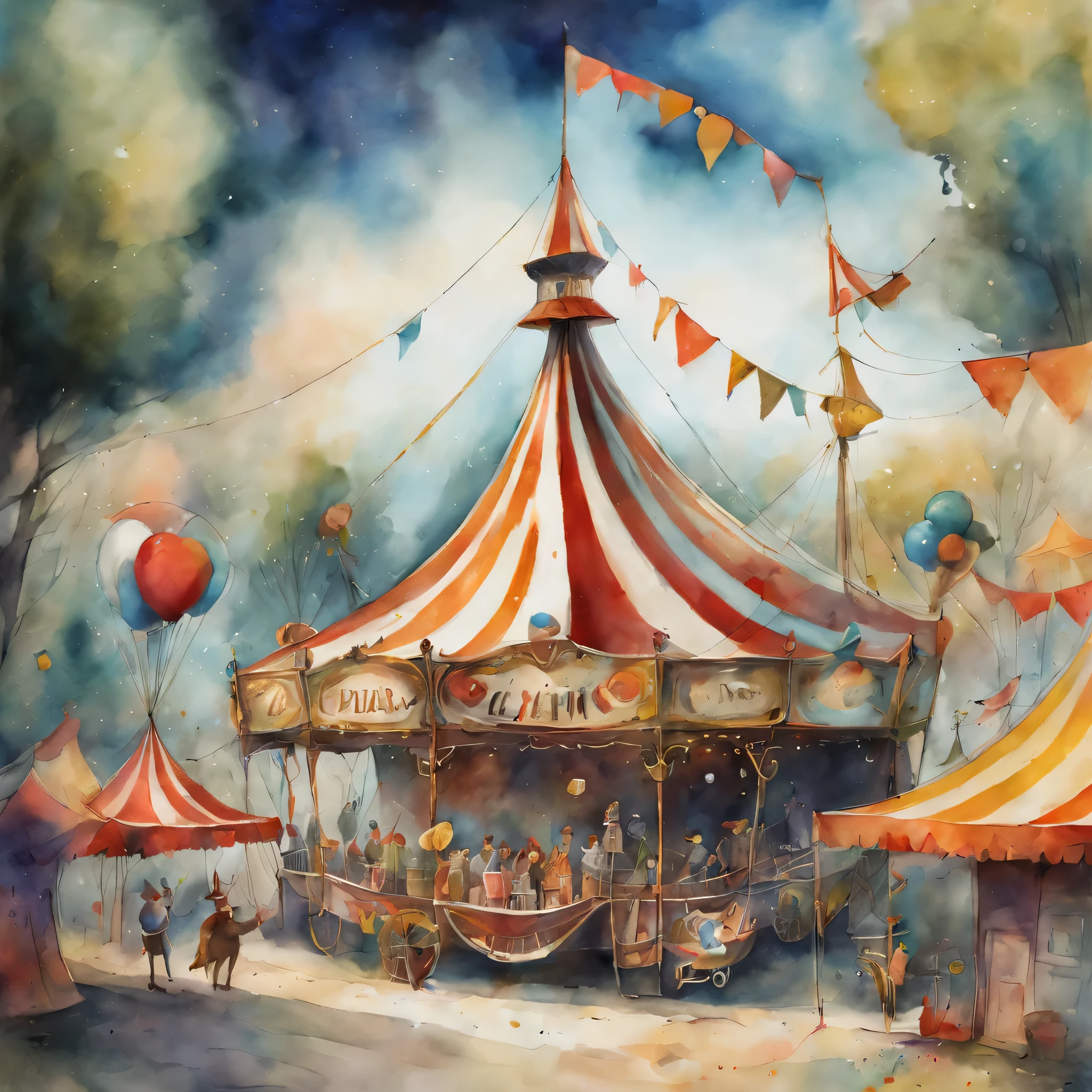 picture book illustrations,cuteのに不気味なwatercolor painting,circus scenery, artistically expressed, stylish alexander jansson, amazingly beautiful work, Landscape characters and elements fit perfectly within the image frame, Detailed realization, Definition High Quality, expressive face, clear eyes,masterpiece,cute,rich colors,fantasy,watercolor painting,draw a line with a pencil,structurally correct,anatomically correct,draw a clear line