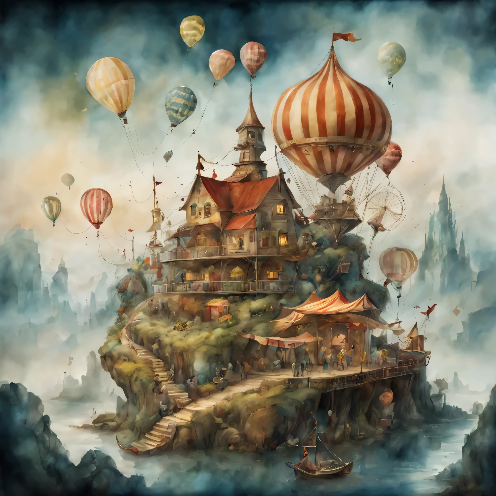 picture book illustrations,cuteのに不気味なwatercolor painting,circus scenery, artistically expressed, stylish alexander jansson, amazingly beautiful work, Landscape characters and elements fit perfectly within the image frame, Detailed realization, Definition High Quality, expressive face, clear eyes,masterpiece,cute,rich colors,fantasy,watercolor painting,draw a line with a pencil,structurally correct,anatomically correct,wonderland,