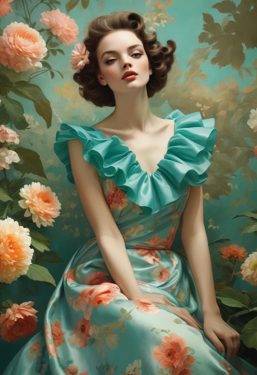 Gloss.Garden background. Fairytale, vintage style, floral wallpaper. Flowers by Coby Whitmore, Ray Caesar, Lichtenstein, Fragonard, Alberto Seveso. Oil painting heavy strokes, best quality. Flower dress, ruffled flower petal collar. Vogue fashion illustration. Perfect face, detailed turquoise eyes, detailed pupils, joyful expression, wavy hair. Dramatic lighting, deep shadows, chiaroscuro. By Maya 🦩