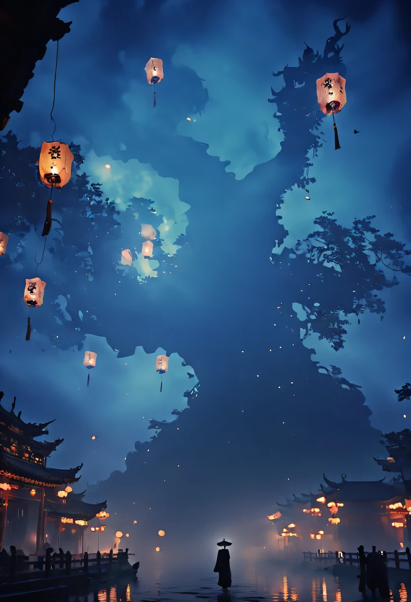 Chinese Ghost Festival,nakahara universe,ghostly aura,Night street chiaroscuro,Detailed depiction of eerie tree branch textures,Transparent ghosts float in the smoke,Lanterns hanging from trees,There are flowers on it, shaded lighting,background bokeh,depth of field,soft light,aesthetic lighting, dim lights,peaceful yet scary atmosphere,Mysterious and dark,Detailed lighting effects,Soft color transitions,Strange place,it's foggy, Space-time misalignment,reincarnation flip。 turn things upside down,There is no light from the sun or the moon, confusing and ridiculous,nightmare again and again。 Mysterious and unreal,phantom, gothic shadow,shrouded in all directions。 cyberpunk, the dark forest,heterogeneous space, Hidden countless unknown secrets,Forgotten souls wandering in the night。
