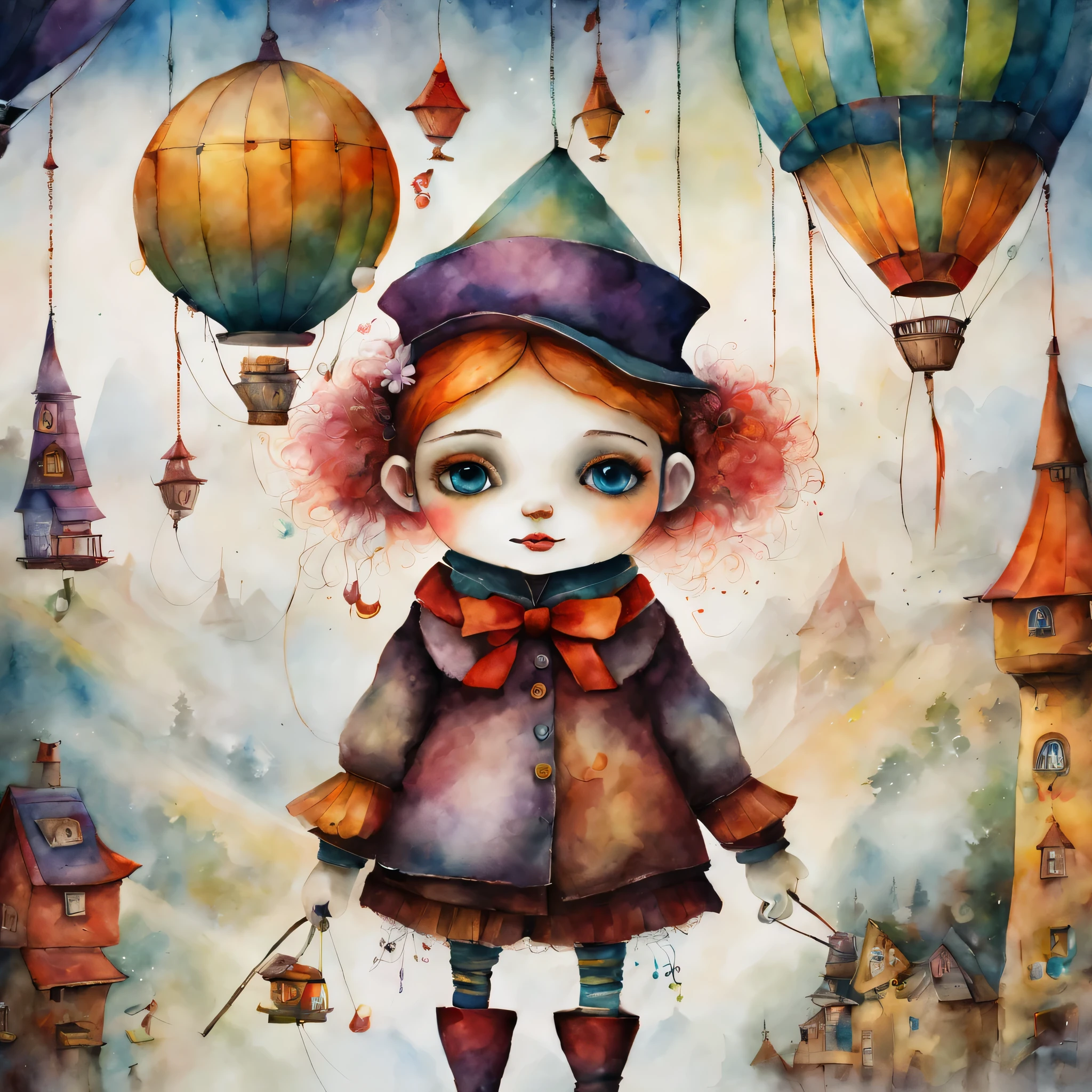 picture book illustrations,かわいいのに不気味なwatercolor painting,colorful marionette, artistically expressed, stylish alexander jansson, amazingly beautiful work, Landscape characters and elements fit perfectly within the image frame, Detailed realization, Definition High Quality, expressive face, clear eyes,masterpiece,cute marionette,Manipulated Marionette,rich colors,fantasy,watercolor painting,draw a line with a pencil,structurally correct,anatomically correct,wonderland
