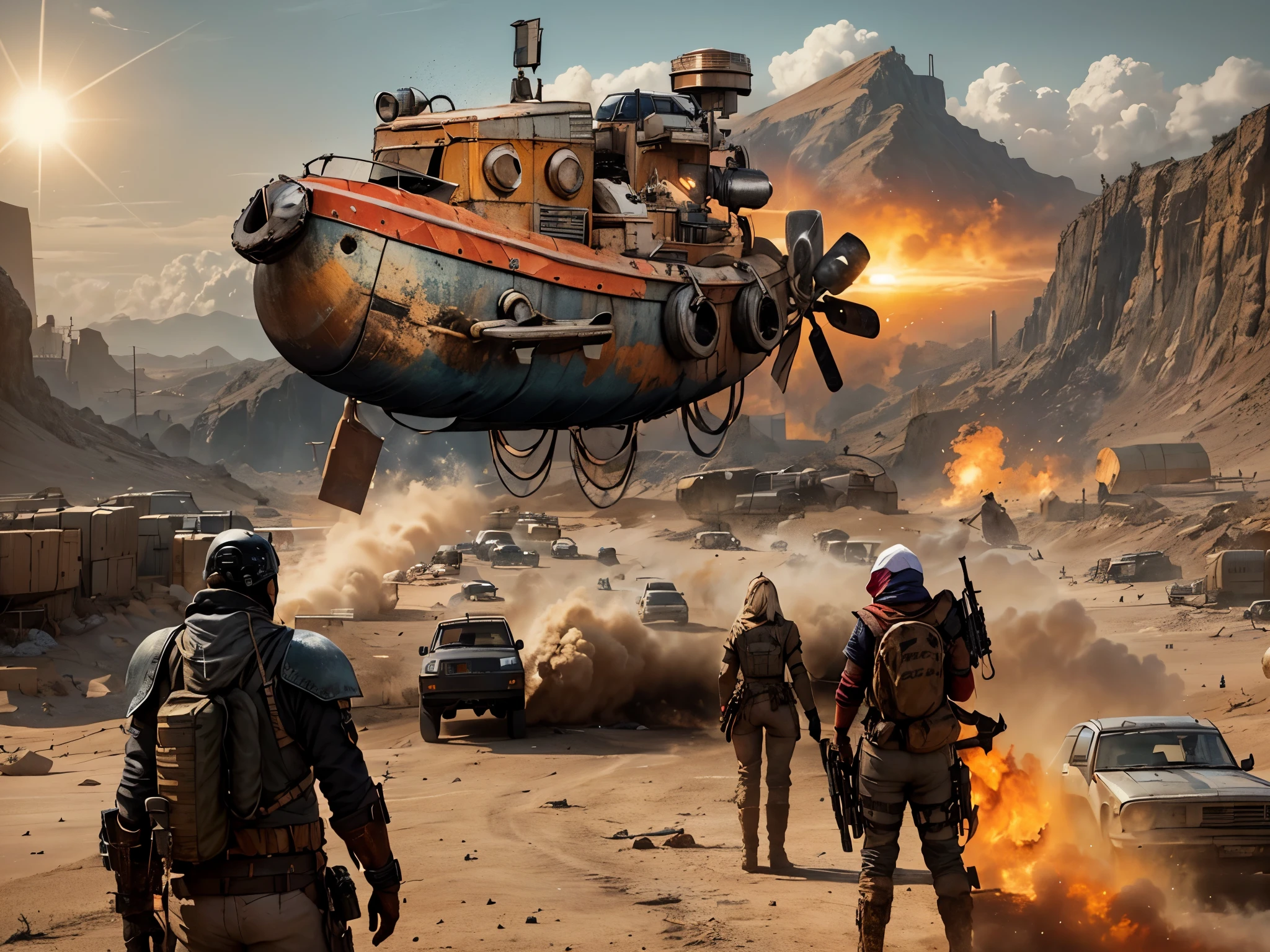 Um navio rebocador de 100 metros de comprimento, com um guindaste no centro e uma plataforma de carga na popa, voa acima de um acampamento tipo Mad Max no meio do deserto australiano. O navio projeta uma grande sombra nos carros, no terreno e pessoas abaixo. The sun is strong, tornando o horizonte todo alaranjado. The camp is made of scrap metal and wood, and is surrounded by sand dunes. There are some people at the camp, vestidas com roupas desgastadas e sujas. They are looking at the tug ship in amazement.