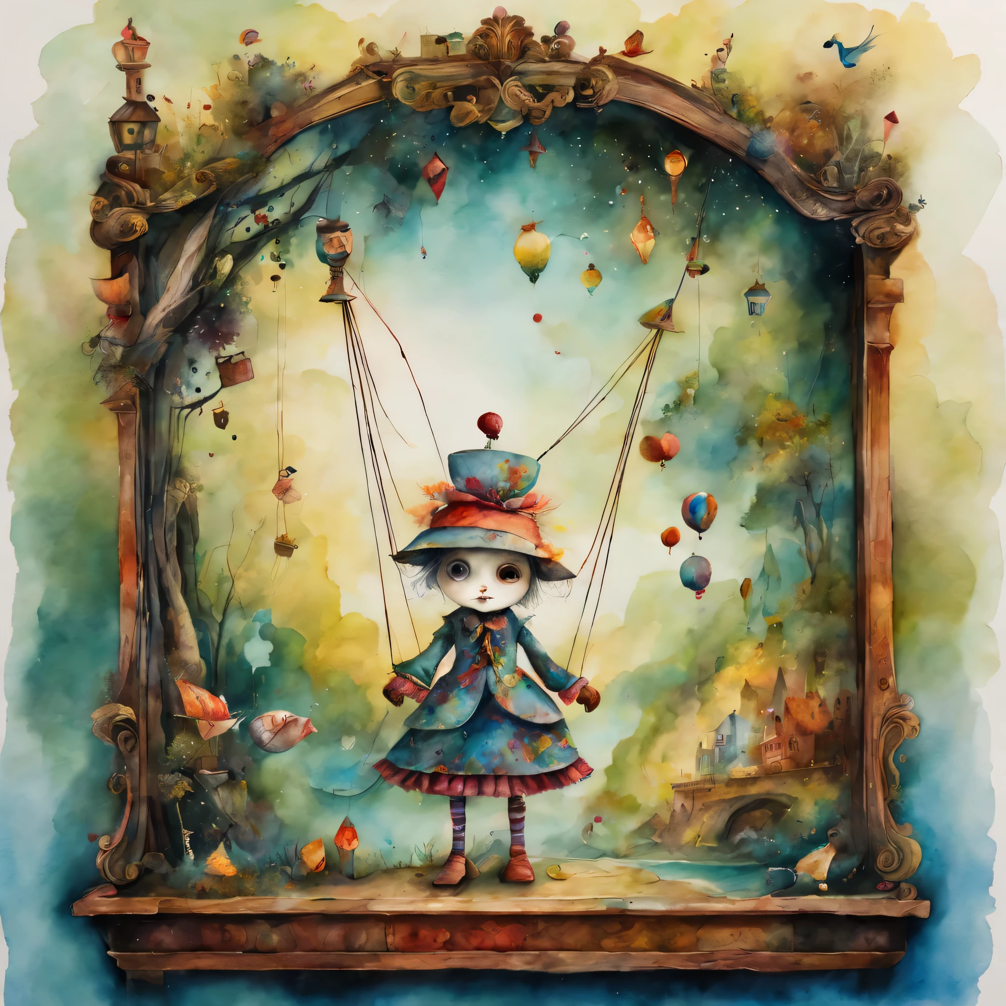 picture book illustrations,かわいいのに不気味なwatercolor painting,colorful marionette, artistically expressed, stylish alexander jansson, amazingly beautiful work, Landscape characters and elements fit perfectly within the image frame, Detailed realization, Definition High Quality, expressive face, clear eyes,masterpiece,cute marionette,Manipulated Marionette,rich colors,fantasy,watercolor painting,draw a line with a pencil,structurally correct,anatomically correct,wonderland