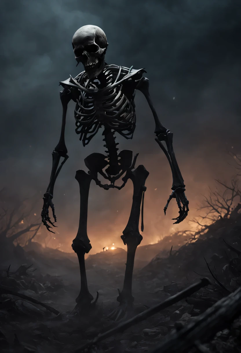 Generates a 90 meter skeleton emerging from the fog watching some humans who were fighting with apocalyptic weapons while the blood moon shines