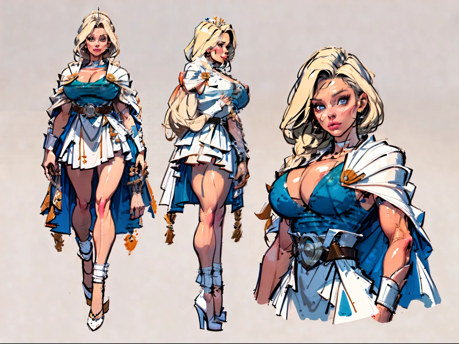 ((masterpiece)),(((best quality))),((character design sheet)), illustration,1woman, environment Scene change, muscular, (white skin:1.4), white legs, thick legs, (royalty cape:1.5), scribbles and marks, fire, ((detailed face:1.1)), rough sketches, pose too, blonde and white color palette, 8k,16k, (simple background, light background: 1.3)