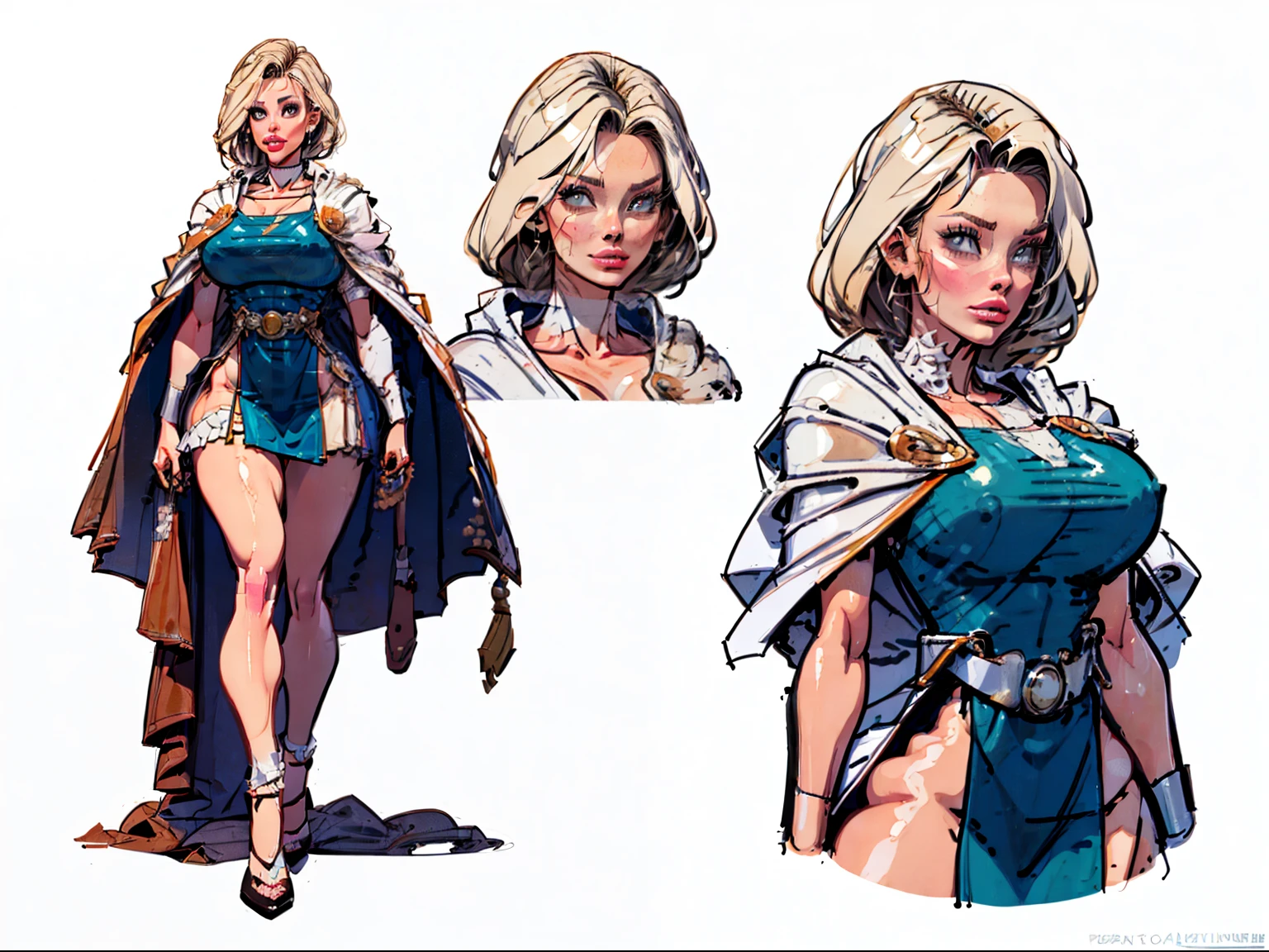 ((masterpiece)),(((best quality))),((character design sheet)), illustration,1woman, environment Scene change,  muscular, (white skin:1.4), white legs, thick legs, (royalty cape:1.5), scribbles and marks, fire, ((detailed face:1.1)), rough sketches, pose too, blonde and white color palette, 8k,16k, (simple background, light background: 1.3)