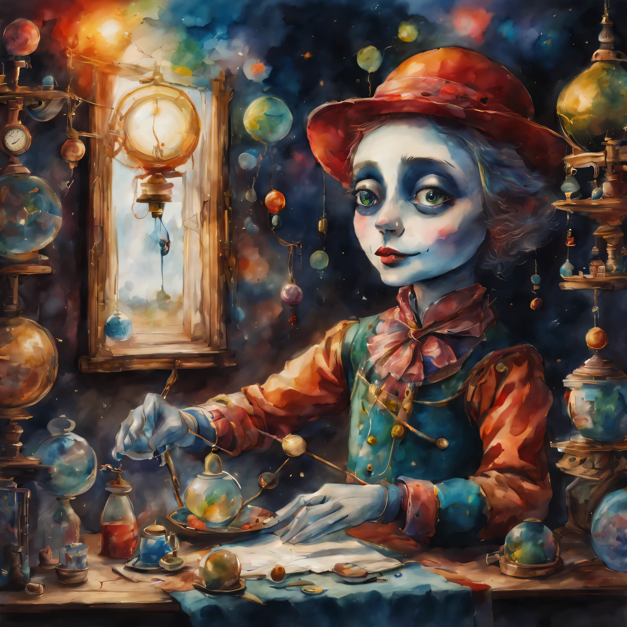 picture book illustrations,かわいいのに不気味なwatercolor painting,colorful marionette, artistically expressed, stylish alexander jansson, amazingly beautiful work, Landscape characters and elements fit perfectly within the image frame, Detailed realization, Definition High Quality, expressive face, clear eyes,masterpiece,cute marionette,Manipulated Marionette,rich colors,fantasy,watercolor painting,draw a line with a pencil,structurally correct,anatomically correct