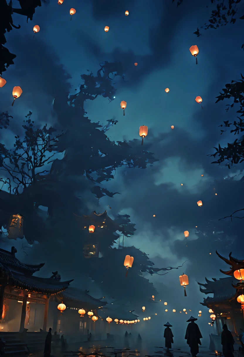 Chinese Ghost Festival，nakahara universe，ghostly aura，Night street chiaroscuro，Detailed depiction of eerie tree branch textures，Transparent ghosts float in the smoke，Lanterns hanging from trees，There are flowers on it, shaded lighting，background bokeh，depth of field，soft light,aesthetic lighting, dim lights，peaceful yet scary atmosphere，Mysterious and dark，Detailed lighting effects，Soft color transitions，Strange place，it&#39;s foggy， Space-time misalignment，reincarnation flip。 turn things upside down，There is no light from the sun or the moon， confusing and ridiculous，nightmare again and again。 Mysterious and unreal，phantom， gothic shadow，shrouded in all directions。 cyberpunk， the dark forest，heterogeneous space， Hidden countless unknown secrets，Forgotten souls wandering in the night。and chinese lanterns