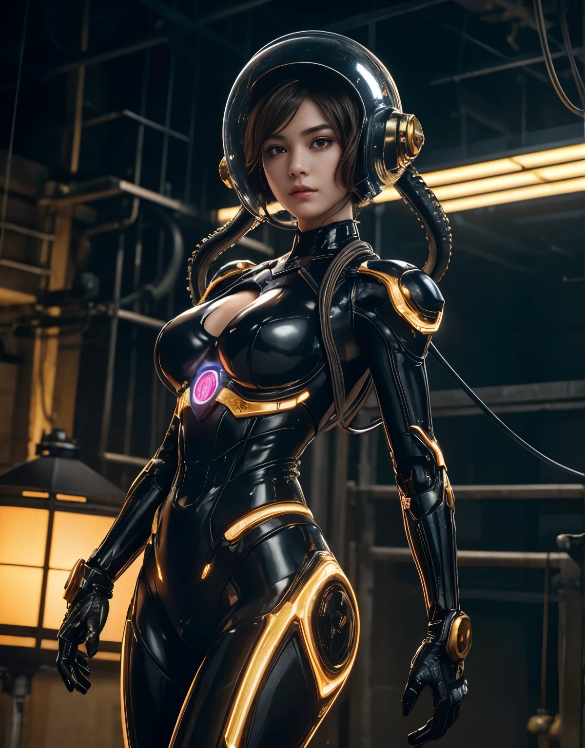 (Background of skimpy mechanical girl and octopus alien)、(Mystical expression)、highest quality、masterpiece、Super high resolution、(Photoreal:1.4)、RAW photo、1 girl、glowing skin、detailed face、(((1 Mechanical Girl)))、Heavy chest、(gold metal bodysuit)、(Natural alien background to fight aliens)、(Small LED)、((Super realistic details))、vertical giant monster background),global illumination、Shadow、octane rendering、24K、super sharp、robotの背景、big breasts、Raw skin exposed in the cleavage、intricate decorative details、Japan details、very intricate details、realistic light、(Mystical expression),CG Society Trenlow Eyes、Eyes shining towards the camera、Mechanical marginal blood vessels connected to neon detail tubes)、(Wires and cables connecting to the head)、Small LED、,mechanical thighs、two stock、(Hands are also made of machines)、robot、future alien、Please wear a mechanical helmet、transparent face guard on helmet、16K,