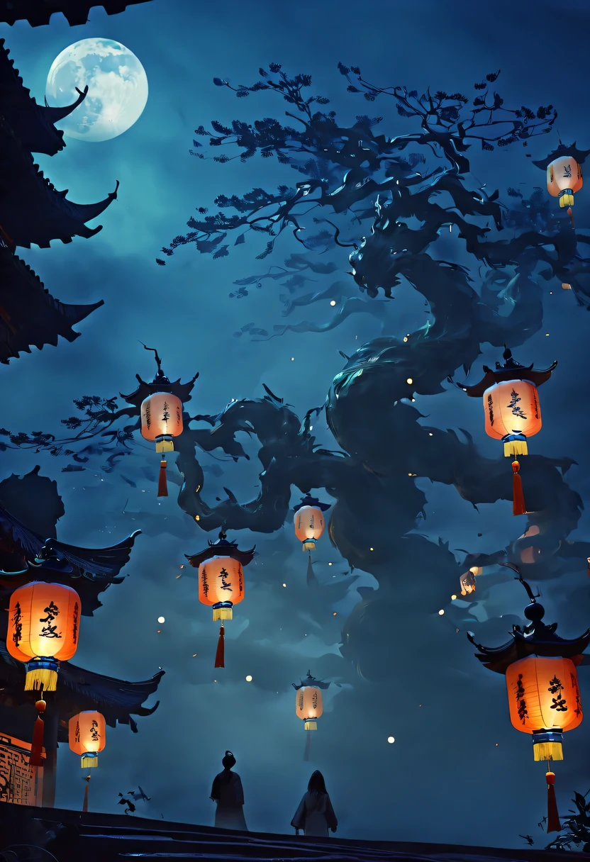 Chinese Ghost Festival,nakahara universe,ghostly aura,Night street chiaroscuro,Detailed depiction of eerie tree branch textures,Transparent ghosts float in the smoke,Lanterns hanging from trees,There are flowers on it, shaded lighting,background bokeh,depth of field,soft light,aesthetic lighting, dim lights,peaceful yet scary atmosphere,Mysterious and dark,Detailed lighting effects,Soft color transitions,Strange place,it's foggy, Space-time misalignment,reincarnation flip。 turn things upside down,There is no light from the sun or the moon, confusing and ridiculous,nightmare again and again。 Mysterious and unreal,phantom, gothic shadow,shrouded in all directions。 cyberpunk, the dark forest,heterogeneous space, Hidden countless unknown secrets,Forgotten souls wandering in the night。and chinese lanterns
