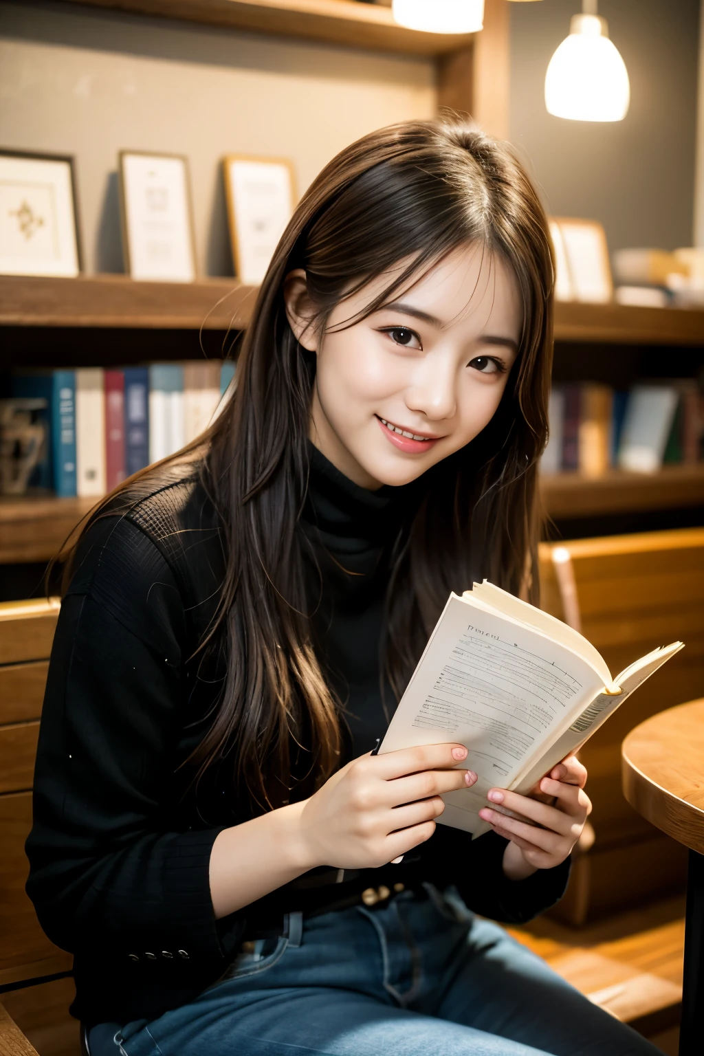(8K, RAW photo, highest quality, masterpiece:1.3), (realistic, photo-realistic:1.4), (Highly detailed 8K wallpaper), sharp focus, written boundary depth,
japanese idol,So cute,(),sweater, Look at us and smile, Upper body, highly detailed face and eyes,((shiny skin:1.2)), cinematic lighting, soft light, blur background, Bokeh, A quiet reading cafe lined with bookshelves