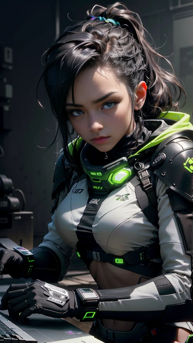 ((melhor qualidade)), ((obra de arte)), (muito detalhado:1.3), 3D, Lindo (Ciberpunk:1.3) Hacker feminina, cabelo grosso, mamas semiexpostas, operar terminais de computador, servidores de computador, Telas LCD, fiber optic cables, logotipos corporativos, HDR (High-range dynamics), rastreamento de raio, NVIDIA RTX, Super resolution, Irreal 5, underground dispersal, Texturas PBR, post-processing, Anisotropic filtering, profundidade de campo, Maximum sharpness and sharpness, Texturas multicamadas, Albedo e mapeamento especular, Surface shading, Accurate simulation of light-material interactions, perfect proportions, Octane rendering, duotone lighting, ISO baixo, White balance, Rule of Thirds, grande abertura, 8K CRU, high efficiency subpixels, Subpixel convolution, glow particles,