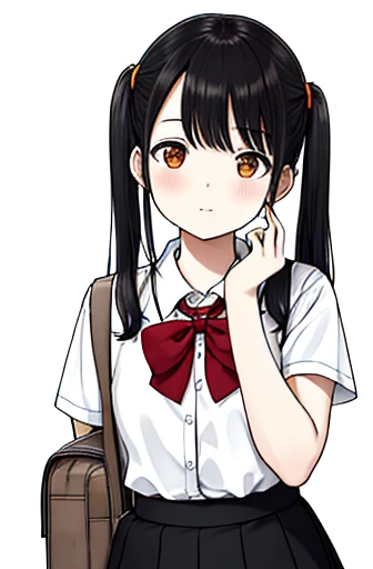 masterpiece, highest quality, , two_~ side_superior, hand_のsuperior_Own_face, head_Rest, hand_のsuperior_Own_cheek, line drawing, mのsuperiorochrome,girl,Pigtails,black hair,primary school student,Orange clothes,skirt,tie,red school bag,transparent background