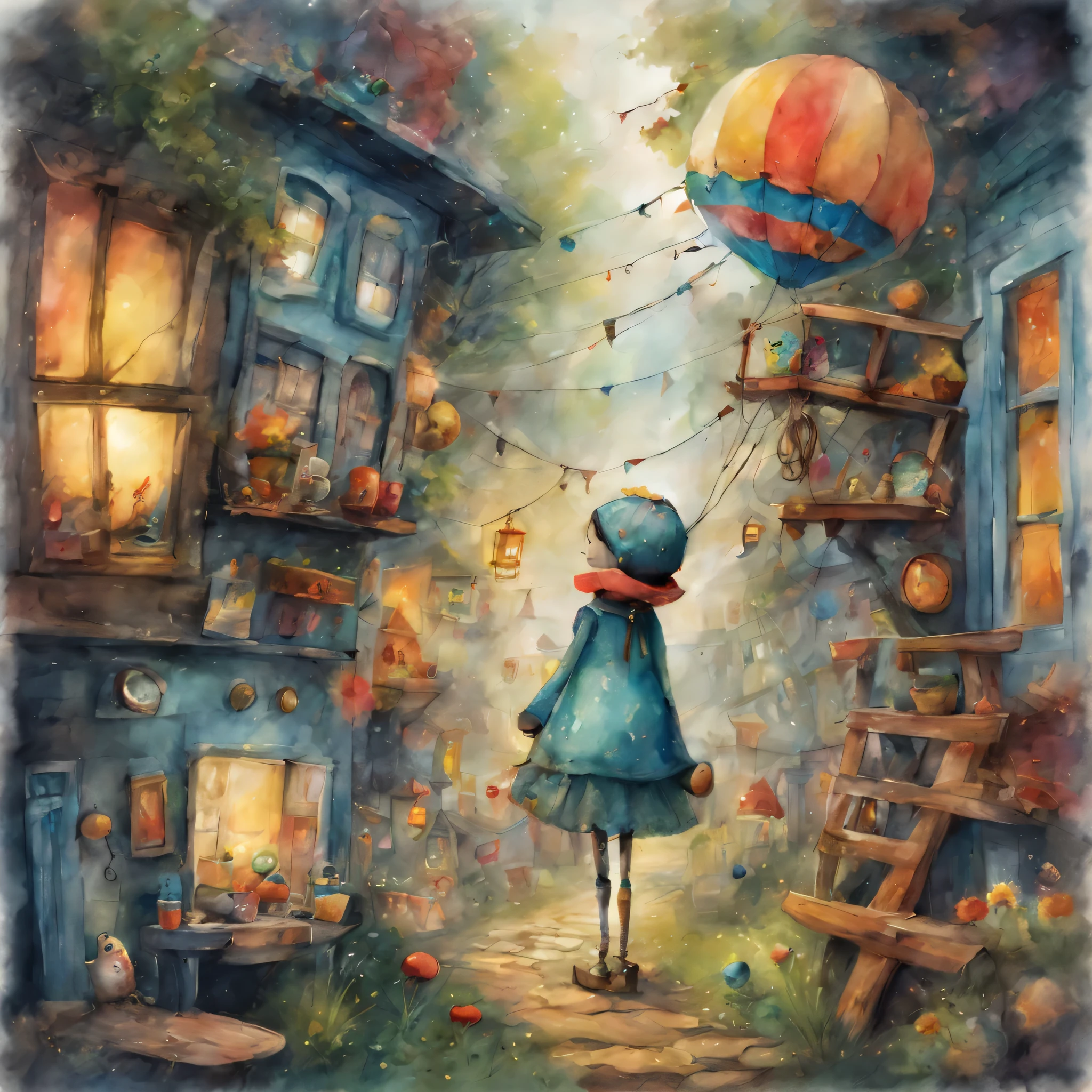 picture book illustrations,Cute but creepy watercolor painting,colorful marionette, artistically expressed, stylish alexander jansson, amazingly beautiful work, Landscape characters and elements fit perfectly within the image frame, be familiar withな実現, Definition High Quality, expressive face, clear eyes,masterpiece,cute marionette,Comes with a strap for handling,rich colors,be familiar with,8K