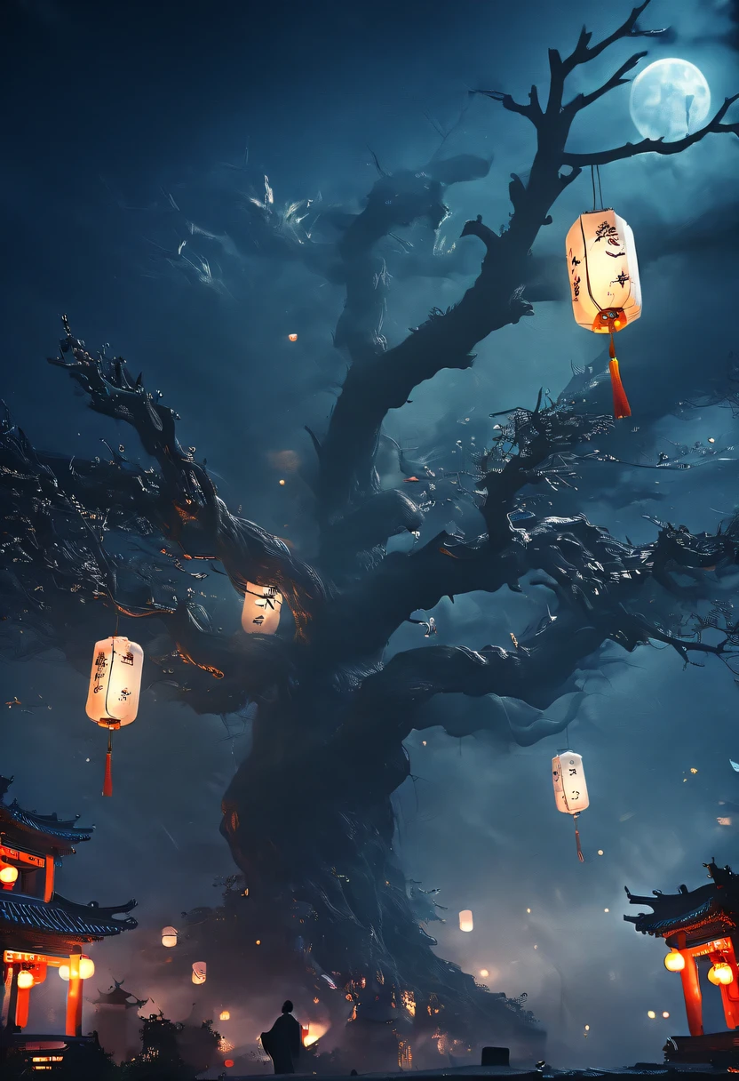 Chinese Ghost Festival,nakahara universe,ghostly aura,Night street chiaroscuro,Detailed depiction of eerie tree branch textures,Transparent ghosts float in the smoke,Lanterns hanging from trees,There are flowers on it, shaded lighting,background bokeh,depth of field,soft light,aesthetic lighting, dim lights,peaceful yet scary atmosphere,Mysterious and dark,Detailed lighting effects,Soft color transitions,Strange place,it's foggy, Space-time misalignment,reincarnation flip。 turn things upside down,There is no light from the sun or the moon, confusing and ridiculous,nightmare again and again。 Mysterious and unreal,phantom, gothic shadow,shrouded in all directions。 cyberpunk, the dark forest,heterogeneous space, Hidden countless unknown secrets,Forgotten souls wandering in the night。