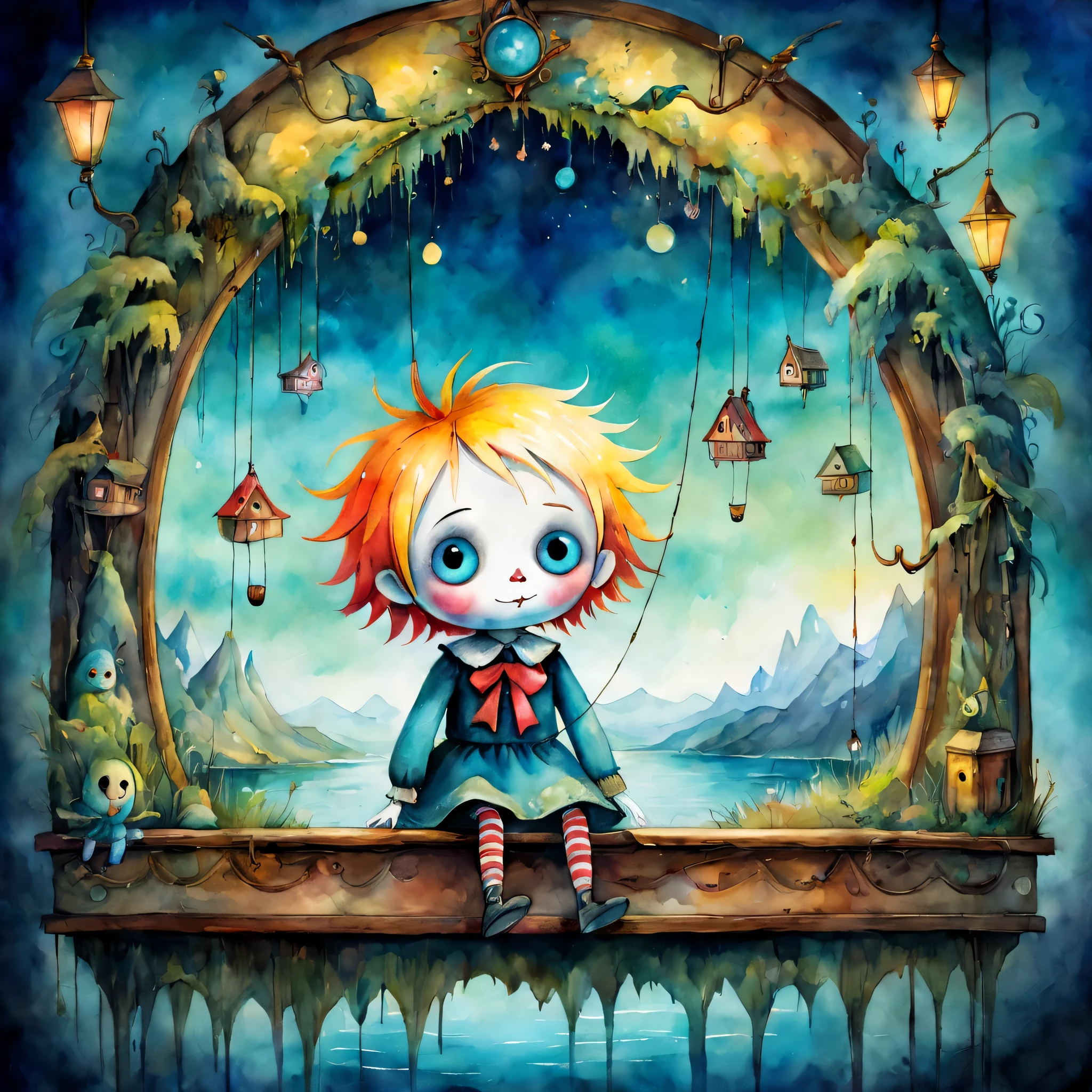 picture book illustrations,Cute but creepy watercolor painting,colorful marionette, artistically expressed, stylish alexander jansson, amazingly beautiful work, Landscape characters and elements fit perfectly within the image frame, Detailed realization, Definition High Quality, expressive face, clear eyes,masterpiece,Cute Marionette Manipulated Marionette,rich colors,fantasy