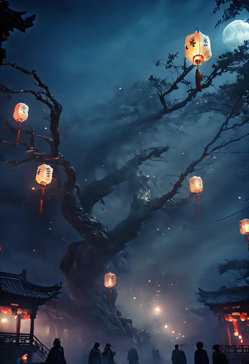 Chinese Ghost Festival，nakahara universe，ghostly aura，Night street chiaroscuro，Detailed depiction of eerie tree branch textures，Transparent ghosts float in the smoke，Lanterns hanging from trees，There are flowers on it, shaded lighting，background bokeh，depth of field，soft light,aesthetic lighting, dim lights，peaceful yet scary atmosphere，Mysterious and dark，Detailed lighting effects，Soft color transitions，Strange place，it&#39;s foggy， Space-time misalignment，reincarnation flip。 turn things upside down，There is no light from the sun or the moon， confusing and ridiculous，nightmare again and again。 Mysterious and unreal，phantom， gothic shadow，shrouded in all directions。 cyberpunk， the dark forest，heterogeneous space， Hidden countless unknown secrets，Forgotten souls wandering in the night。