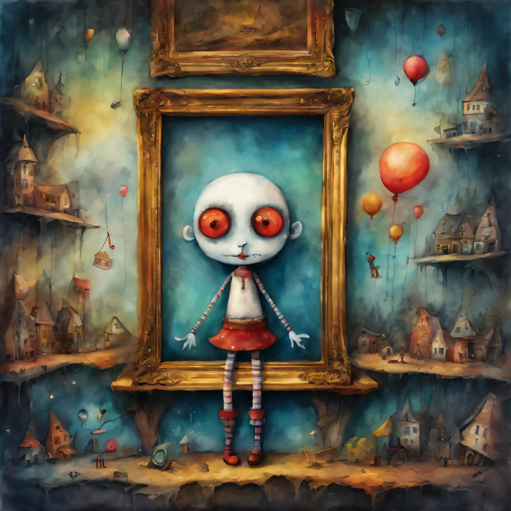 picture book illustrations,Cute but creepy watercolor painting,colorful marionette, artistically expressed, stylish alexander jansson, amazingly beautiful work, Landscape characters and elements fit perfectly within the image frame, Detailed realization, Definition High Quality, expressive face, clear eyes,masterpiece,Cute Marionette Manipulated Marionette,rich colors,