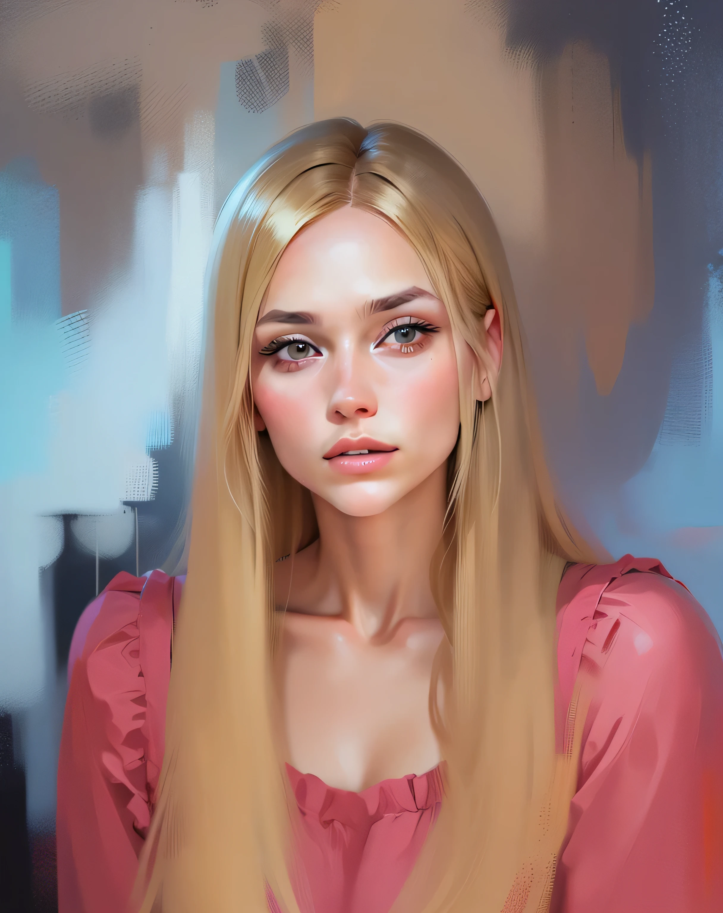 close-up of a woman with blond hair and a beige blouse, digital portrait, portrait art, Digital painting, apply strokes to the wall behind, oil painting, portrait in digital painting styles, the hair is clearly drawn, Good quality, short dark hair, Alexandra Valishevskaya, color portrait, Portrait in profile, high quality portrait
