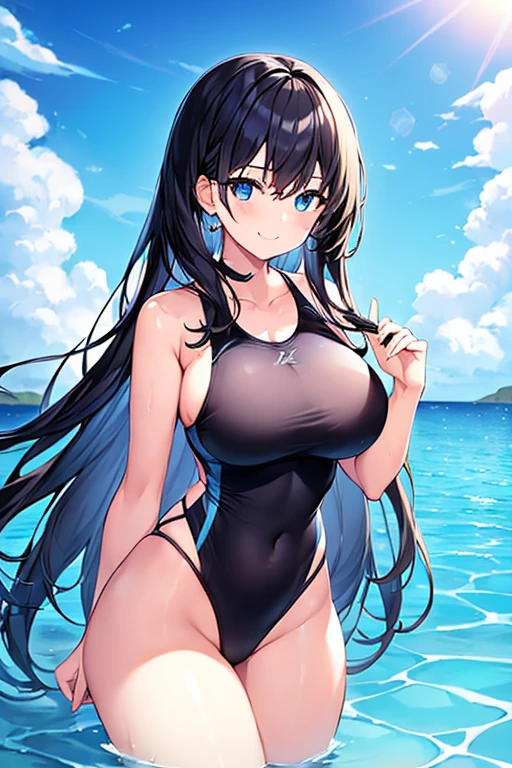 1girl, black hair, long hair, dark blue hair, large breasts, wide hips, thick thighs, ass, from behind, one-piece swimsuit, competitiom swimsuit, black swimsuit, blue trim, blue eyes, submerged, pool, smile