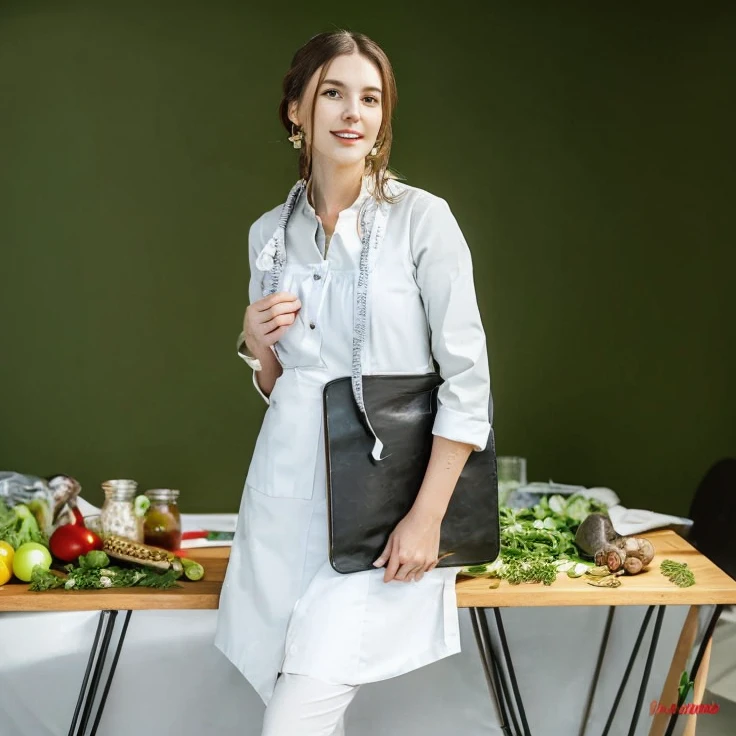 woman standing in front of a table with a laptop and vegetables, white waist apron and undershirt, white apron, wearing lab coat and a blouse, food stylist, leather apron, wearing an apron, photo in style of paola kudacki, cooking show, promo still, confident holding vegetables, promo shot, photo portrait, advertising photo, style of julia razumova